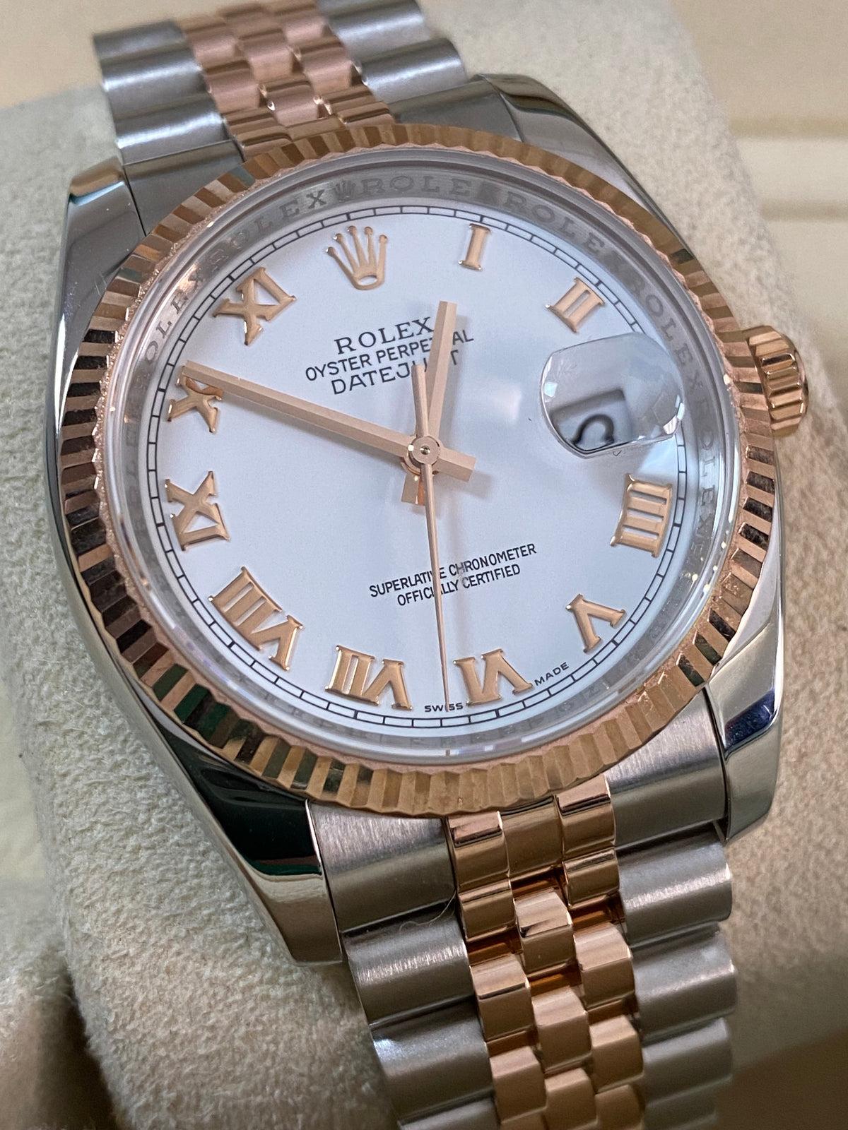 Rolex Steel and Everose Gold Datejust 36 - Z serial - Fluted Bezel - White Roman Dial - Jubilee Bracelet - 116231