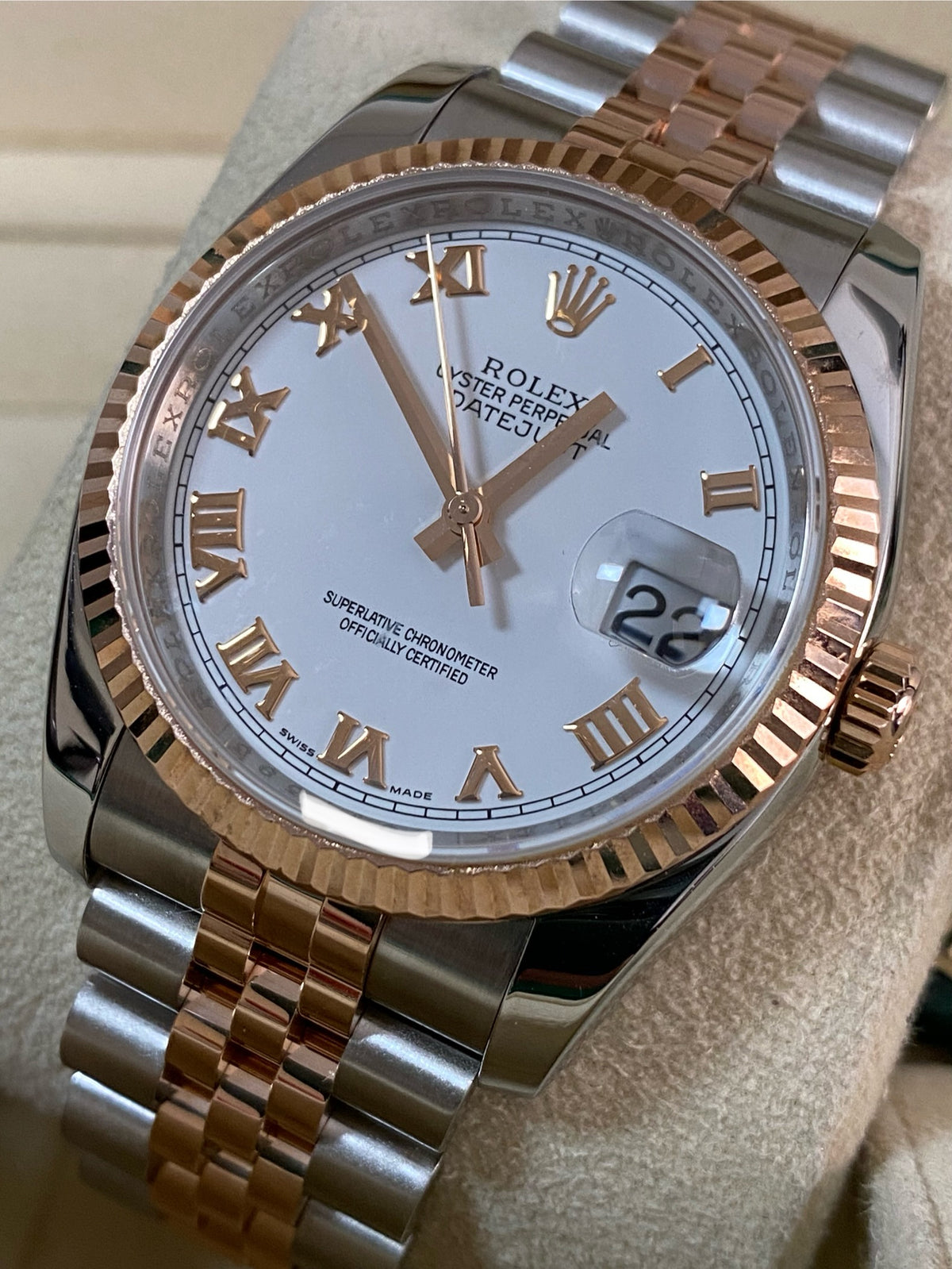 Rolex Steel and Everose Gold Datejust 36 - Z serial - Fluted Bezel - White Roman Dial - Jubilee Bracelet - 116231