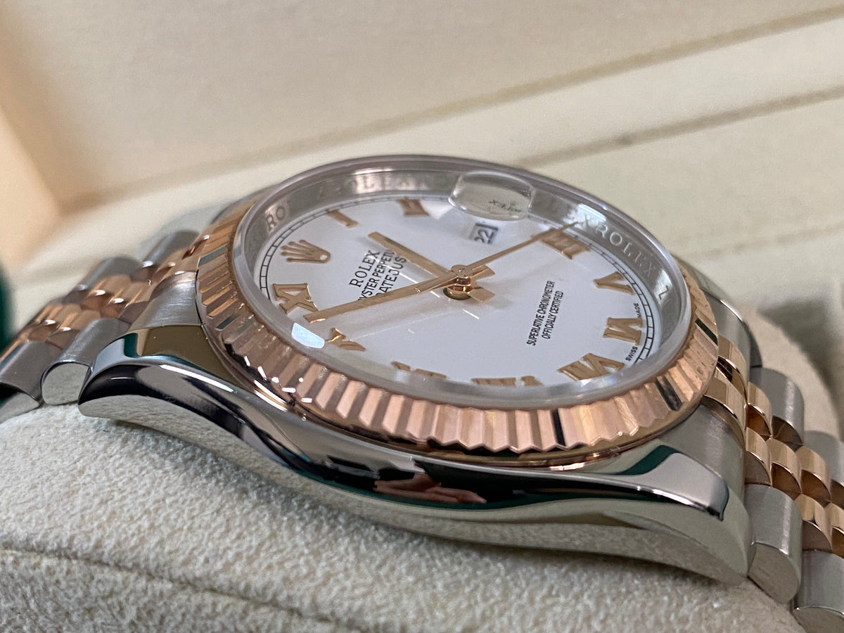 Rolex Steel and Everose Gold Datejust 36 - Z serial - Fluted Bezel - White Roman Dial - Jubilee Bracelet - 116231