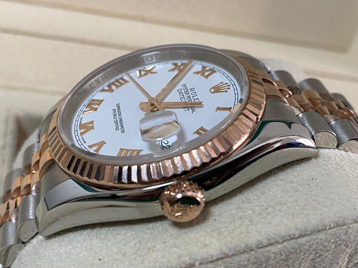 Rolex Steel and Everose Gold Datejust 36 - Z serial - Fluted Bezel - White Roman Dial - Jubilee Bracelet - 116231