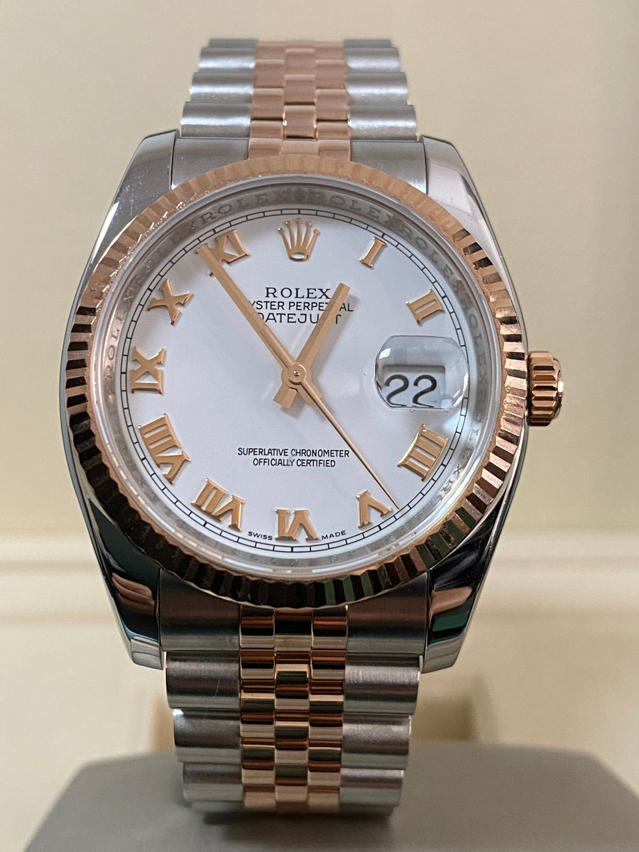 Rolex Steel and Everose Gold Datejust 36 - Z serial - Fluted Bezel - White Roman Dial - Jubilee Bracelet - 116231