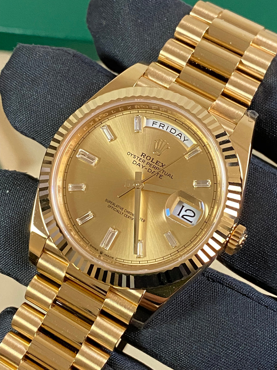 Rolex Yellow Gold Day-Date 40 - 2023 - Fluted Bezel - Baguette Diamond Dial - President Bracelet - 228238