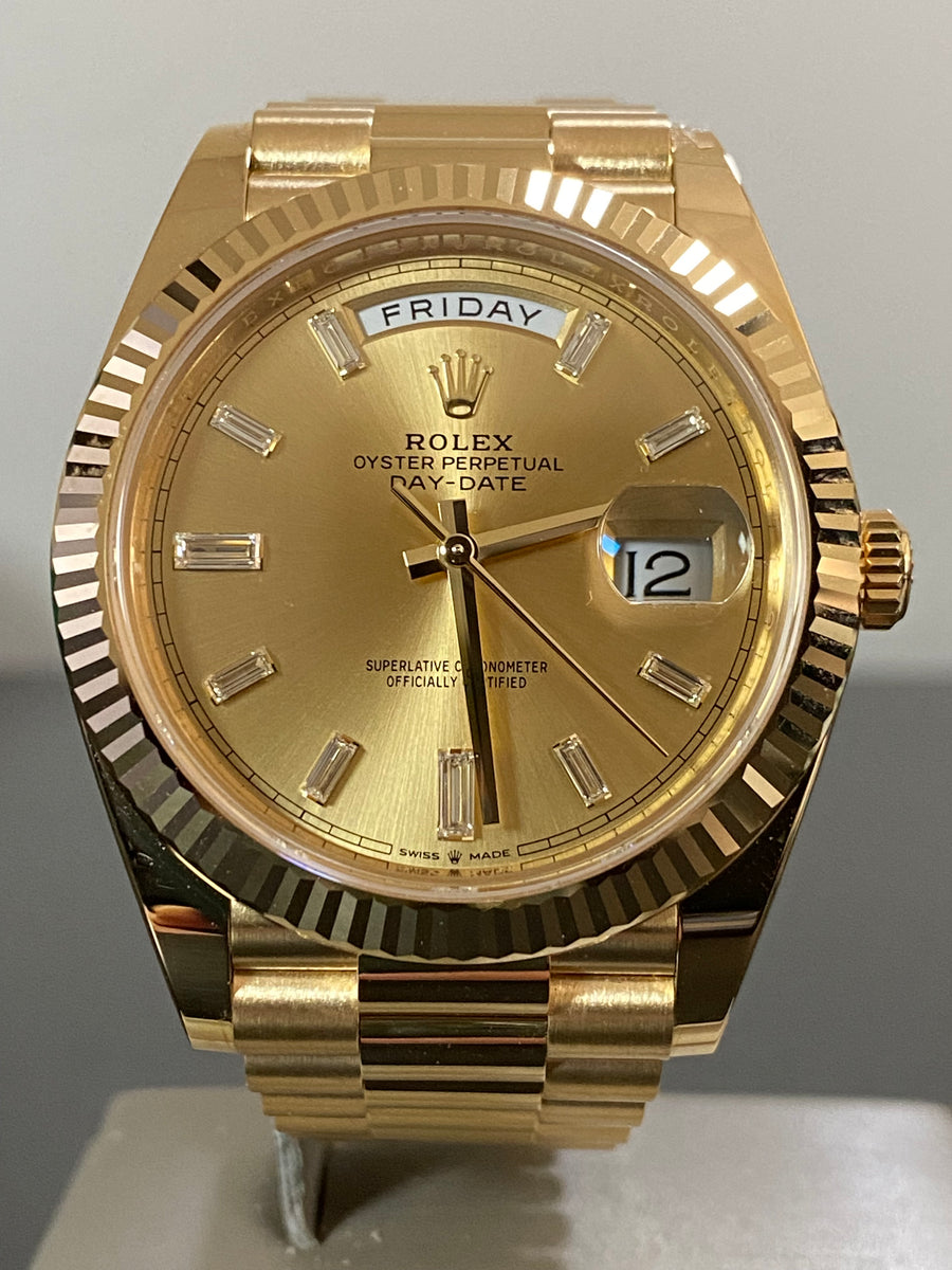 Rolex Yellow Gold Day-Date 40 - 2023 - Fluted Bezel - Baguette Diamond Dial - President Bracelet - 228238