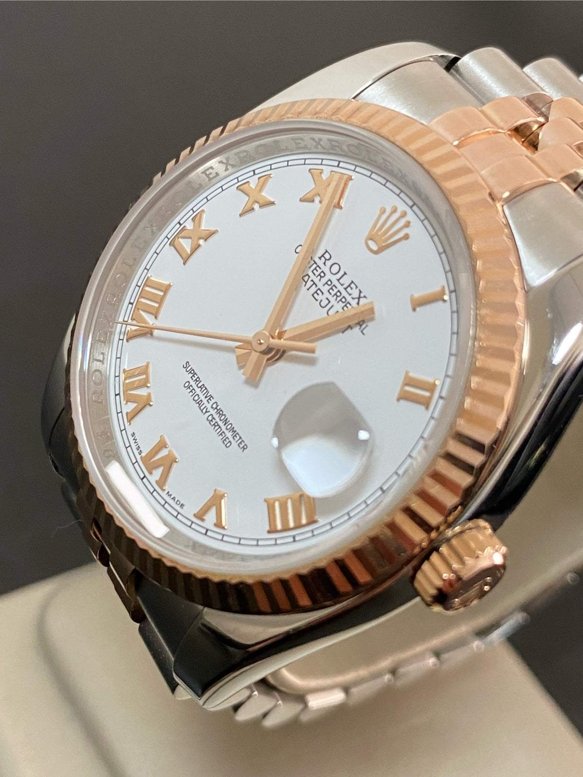 Rolex Steel and Everose Gold Datejust 36 - Z serial - Fluted Bezel - White Roman Dial - Jubilee Bracelet - 116231