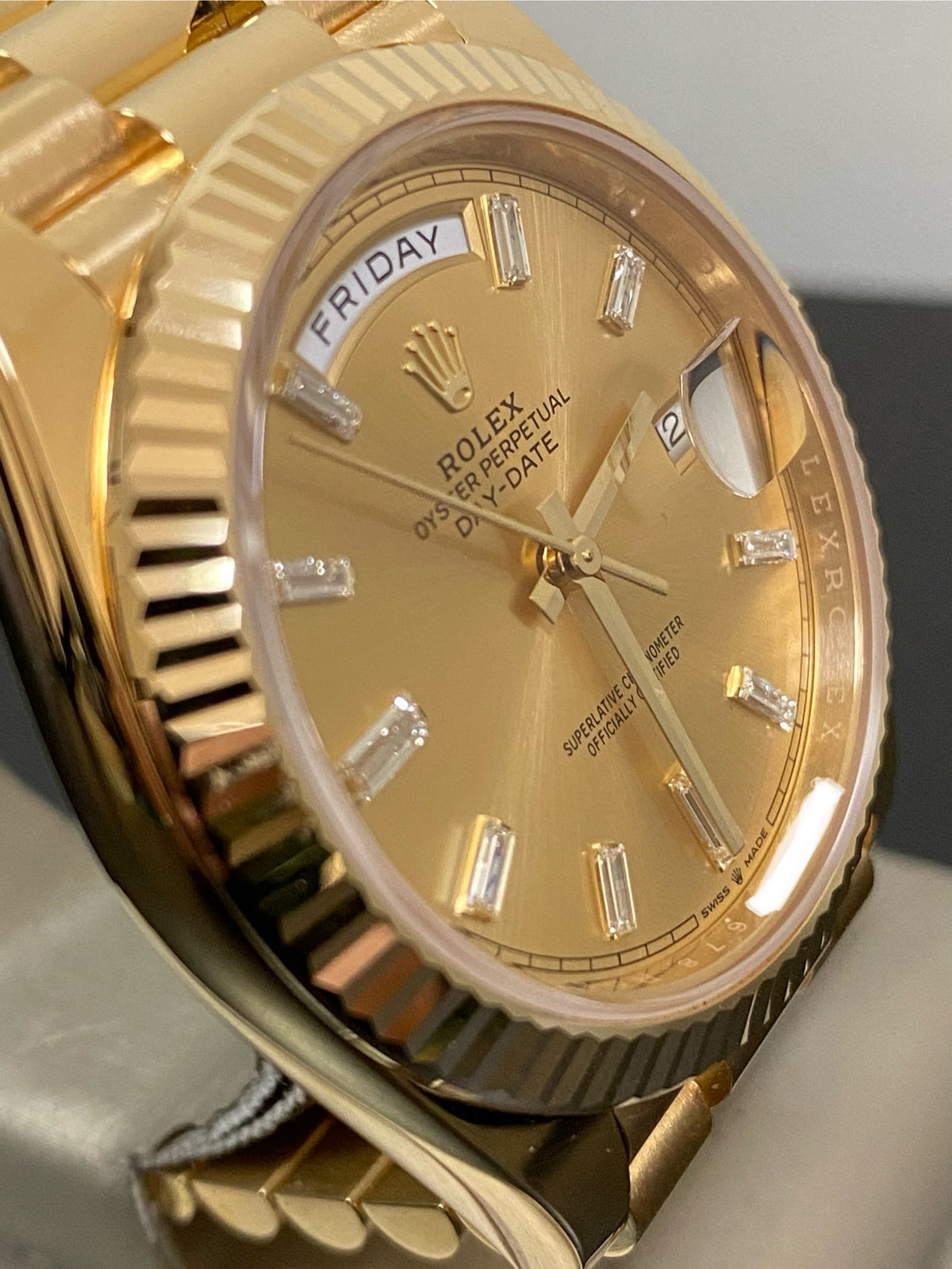 Rolex Yellow Gold Day-Date 40 - 2023 - Fluted Bezel - Baguette Diamond Dial - President Bracelet - 228238