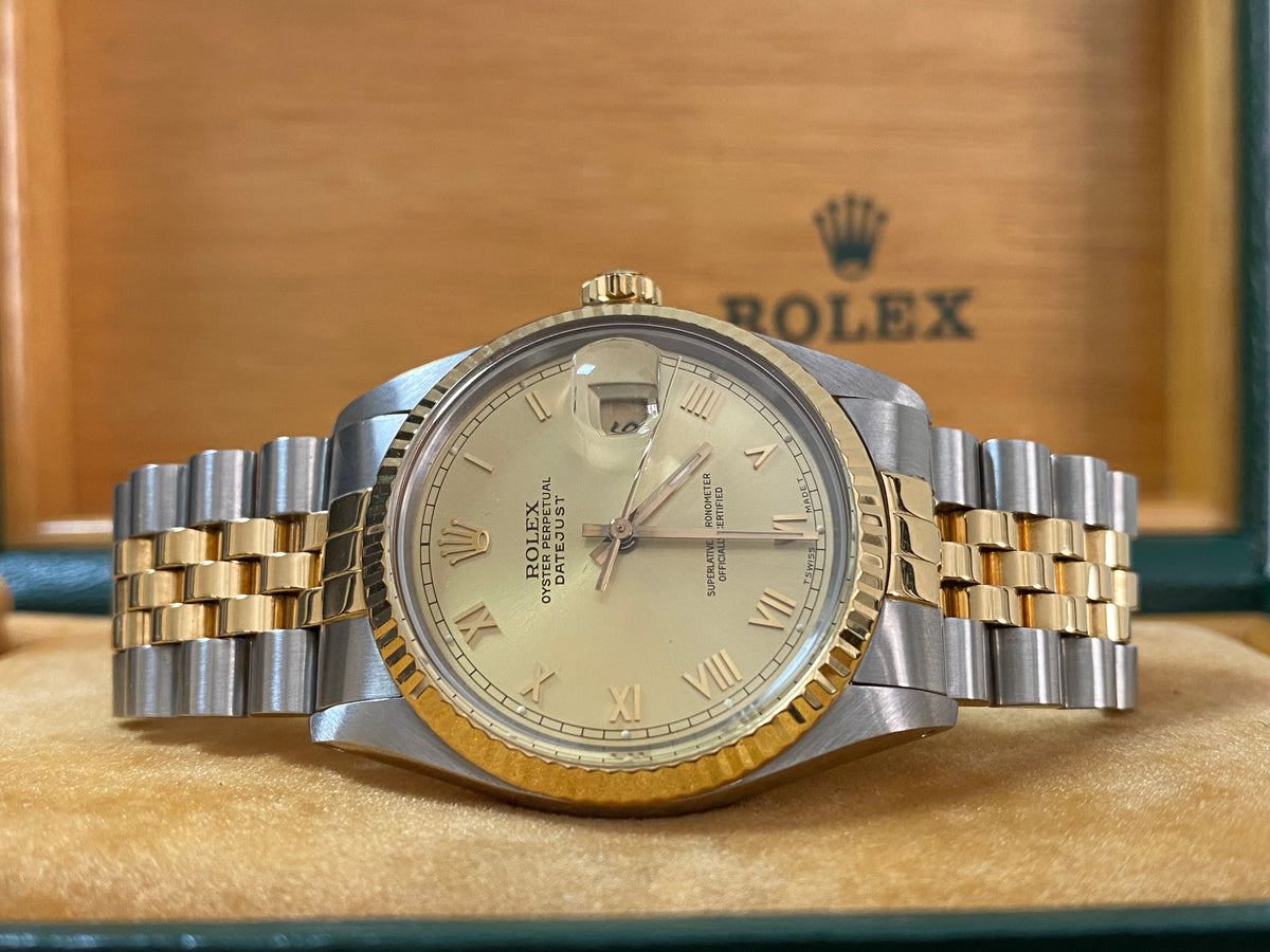 Rolex Steel and Yellow Gold Datejust 36 - 1987 - Fluted Bezel - Champagne Roman Dial - Jubilee Bracelet - 16013 *FULL SET*