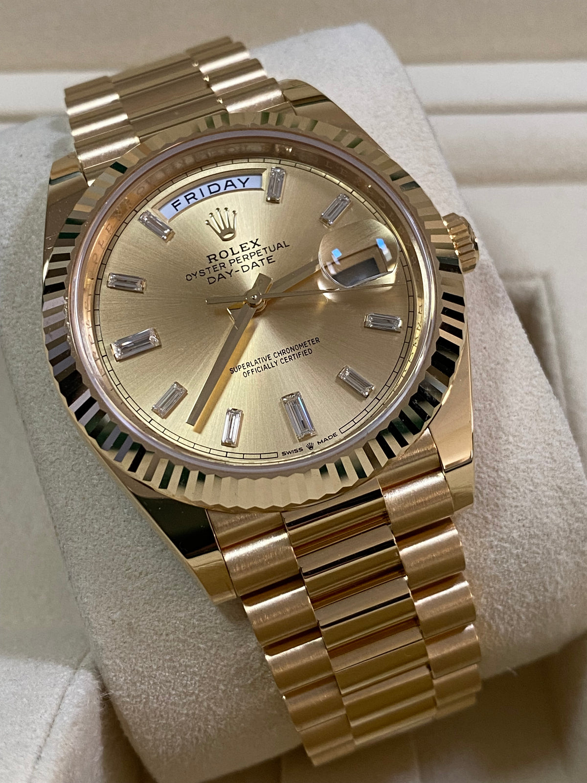 Rolex Yellow Gold Day-Date 40 - 2023 - Fluted Bezel - Baguette Diamond Dial - President Bracelet - 228238