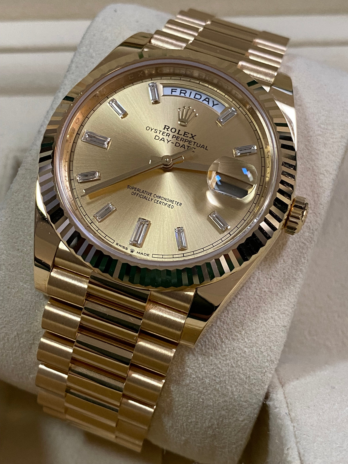 Rolex Yellow Gold Day-Date 40 - 2023 - Fluted Bezel - Baguette Diamond Dial - President Bracelet - 228238