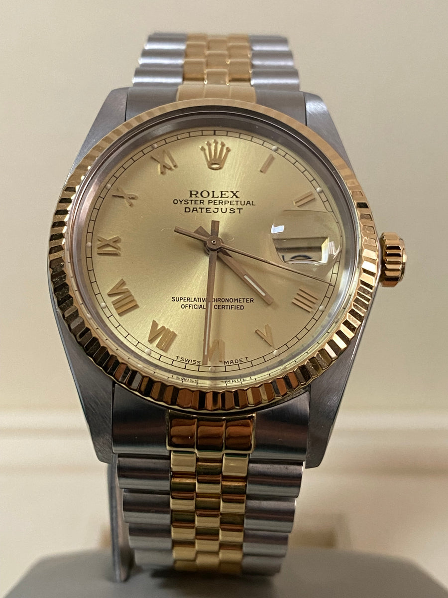 Rolex Steel and Yellow Gold Datejust 36 - 1987 - Fluted Bezel - Champagne Roman Dial - Jubilee Bracelet - 16013 *FULL SET*