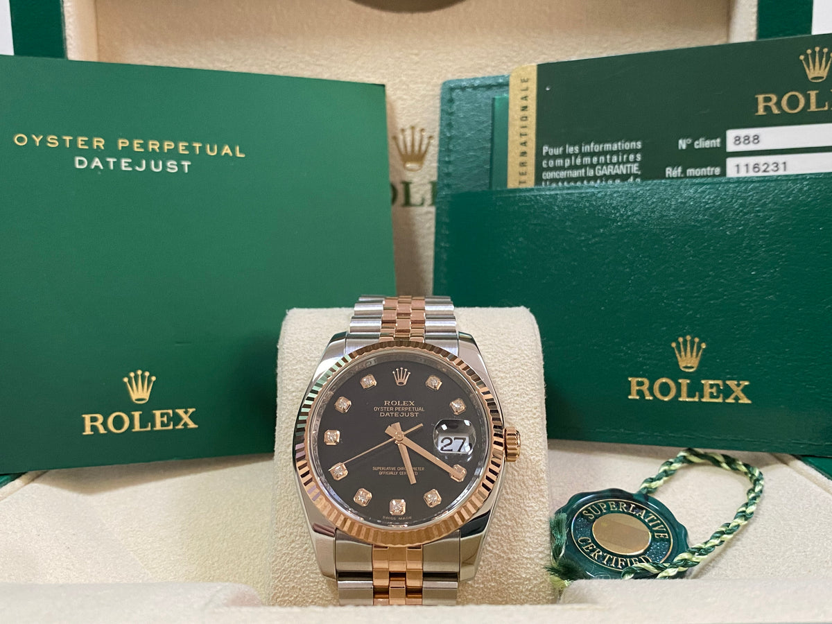 Rolex Steel and Everose Gold Datejust 36 - 2009 - Fluted Bezel - Black Diamond Dial - Jubilee Bracelet - 116231