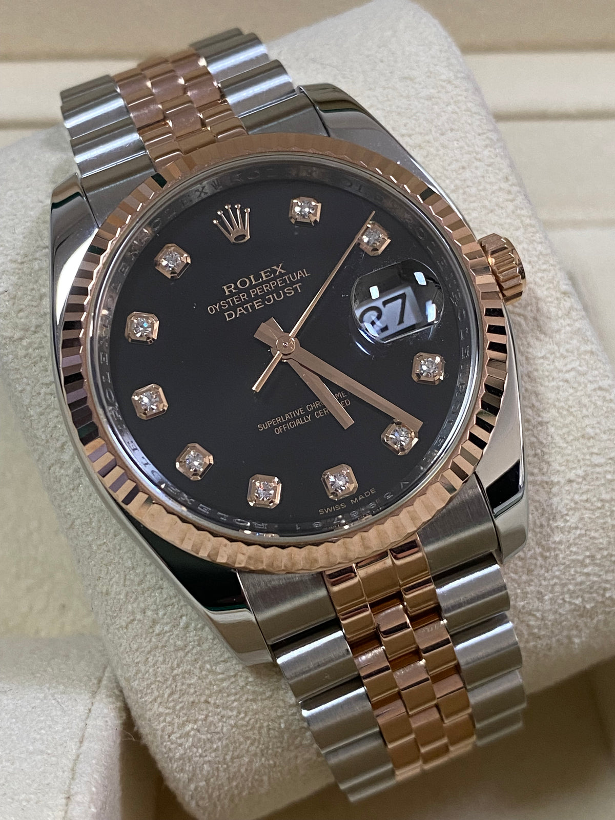 Rolex Steel and Everose Gold Datejust 36 - 2009 - Fluted Bezel - Black Diamond Dial - Jubilee Bracelet - 116231