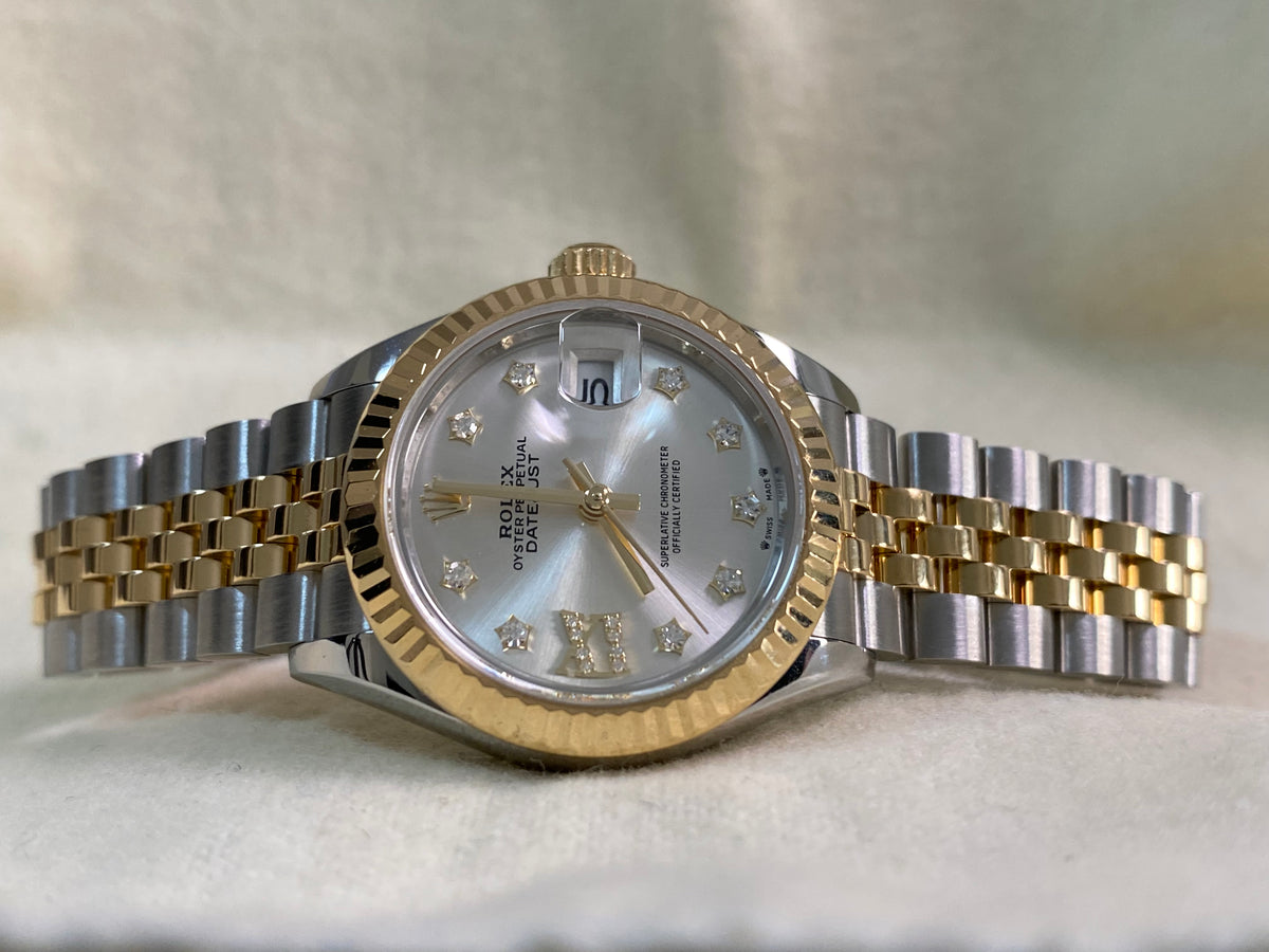 Rolex Steel and Yellow Gold Lady-Datejust 28 - 2023 - Fluted Bezel - Star Diamond Dial - Jubilee Bracelet - 279173 *FULL SET*