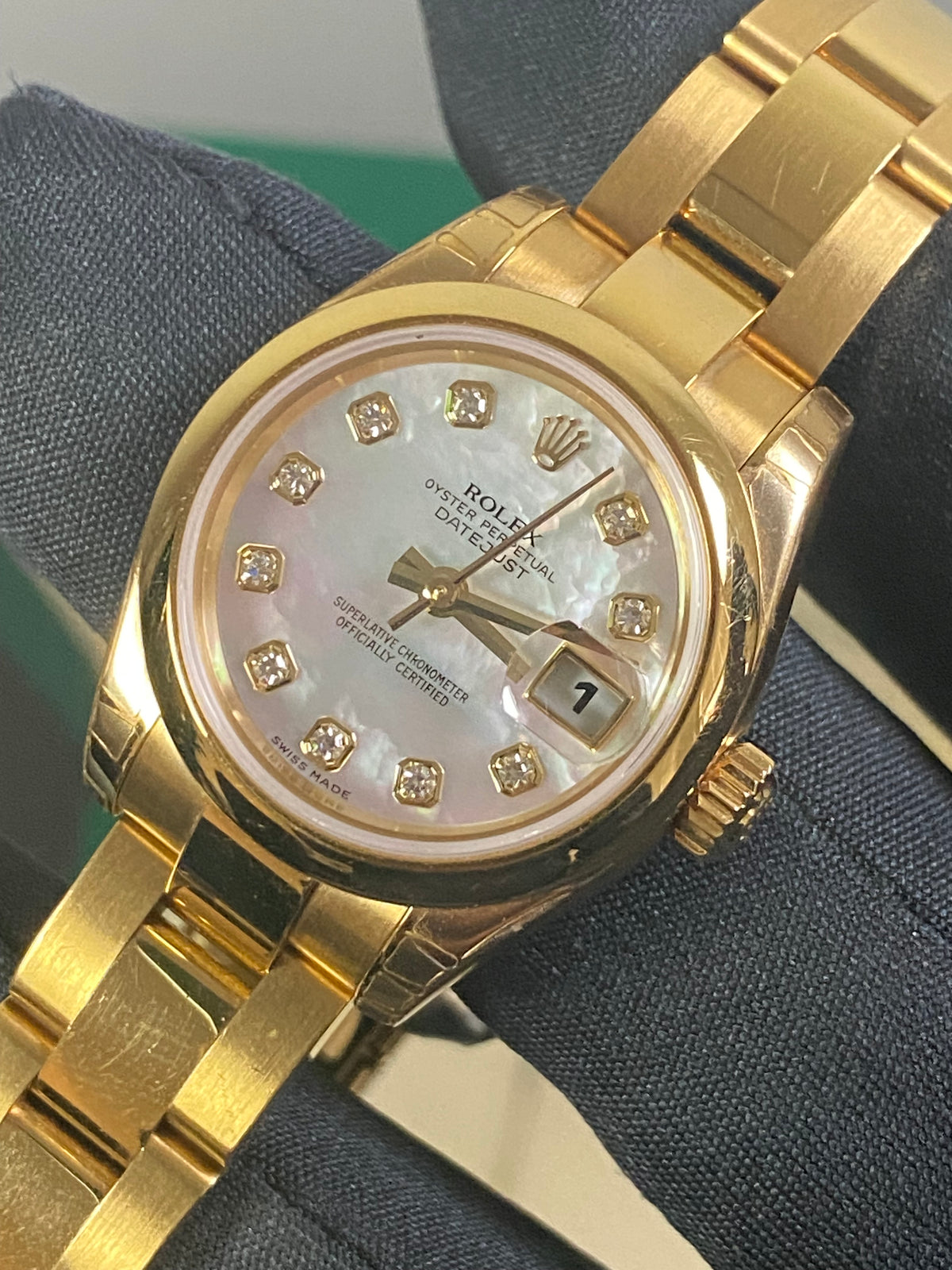 Rolex Yellow Gold Lady-Datejust - Y Serial - Smooth Bezel - Mother of Pearl Diamond Dial - Oyster Bracelet - 179168