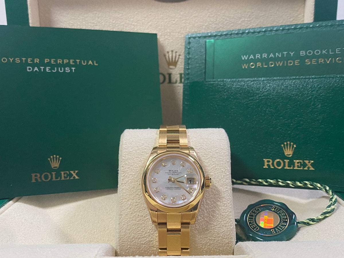 Rolex Yellow Gold Lady-Datejust - Y Serial - Smooth Bezel - Mother of Pearl Diamond Dial - Oyster Bracelet - 179168