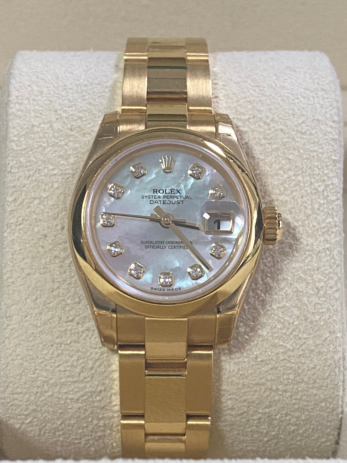 Rolex Yellow Gold Lady-Datejust - Y Serial - Smooth Bezel - Mother of Pearl Diamond Dial - Oyster Bracelet - 179168