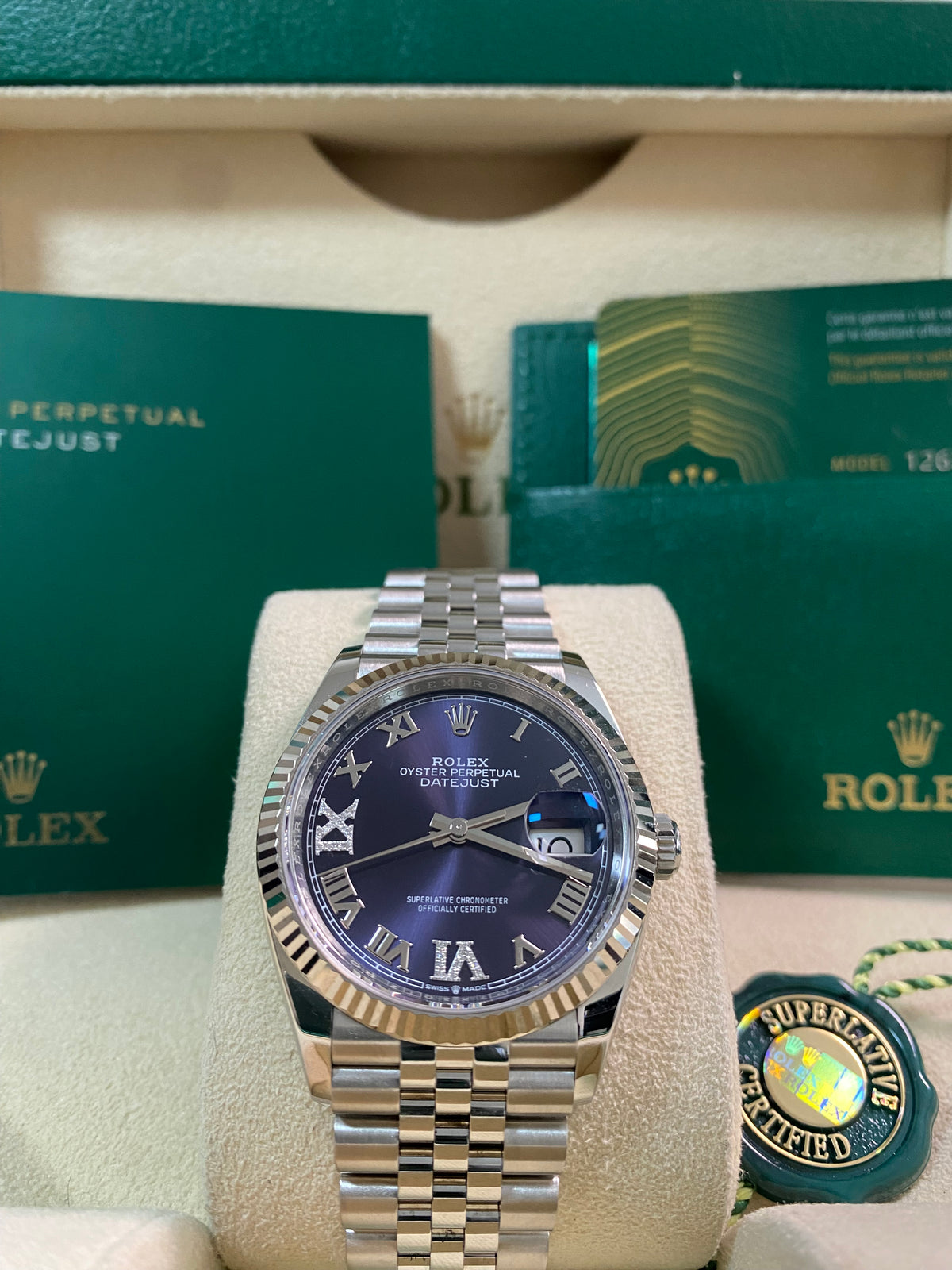 Rolex Steel Datejust 36 - 2024 - Fluted Bezel - Purple Roman Dial - Jubilee Bracelet - 126234 *FULL SET*