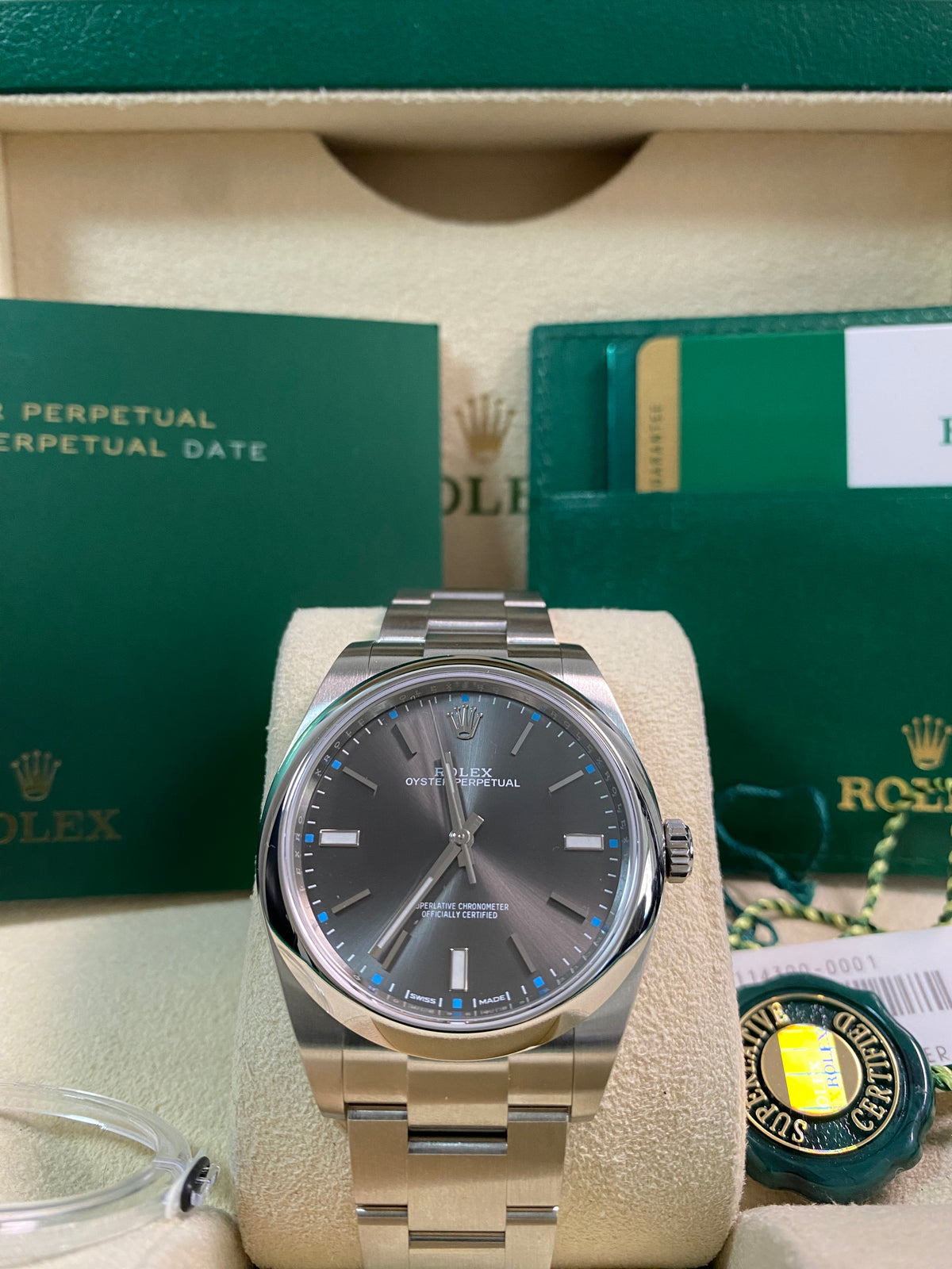 Rolex Oyster Perpetual 39 - 2019 - Domed Bezel - Grey Index Dial - 114300 *FULL STICKERS*