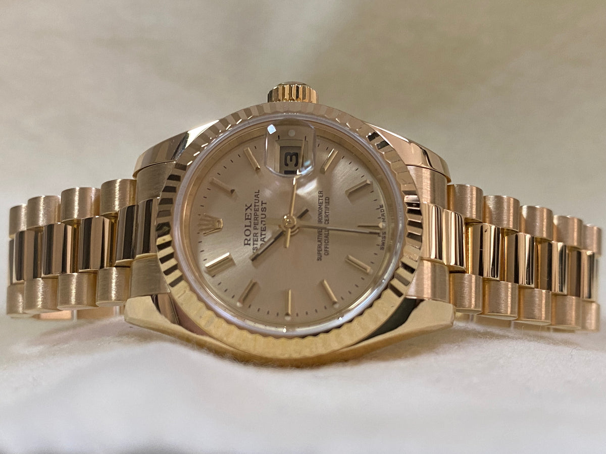 Rolex Yellow Gold Lady-Datejust - Y Serial - Fluted Bezel - Champagne Index Dial - President Bracelet - 179178