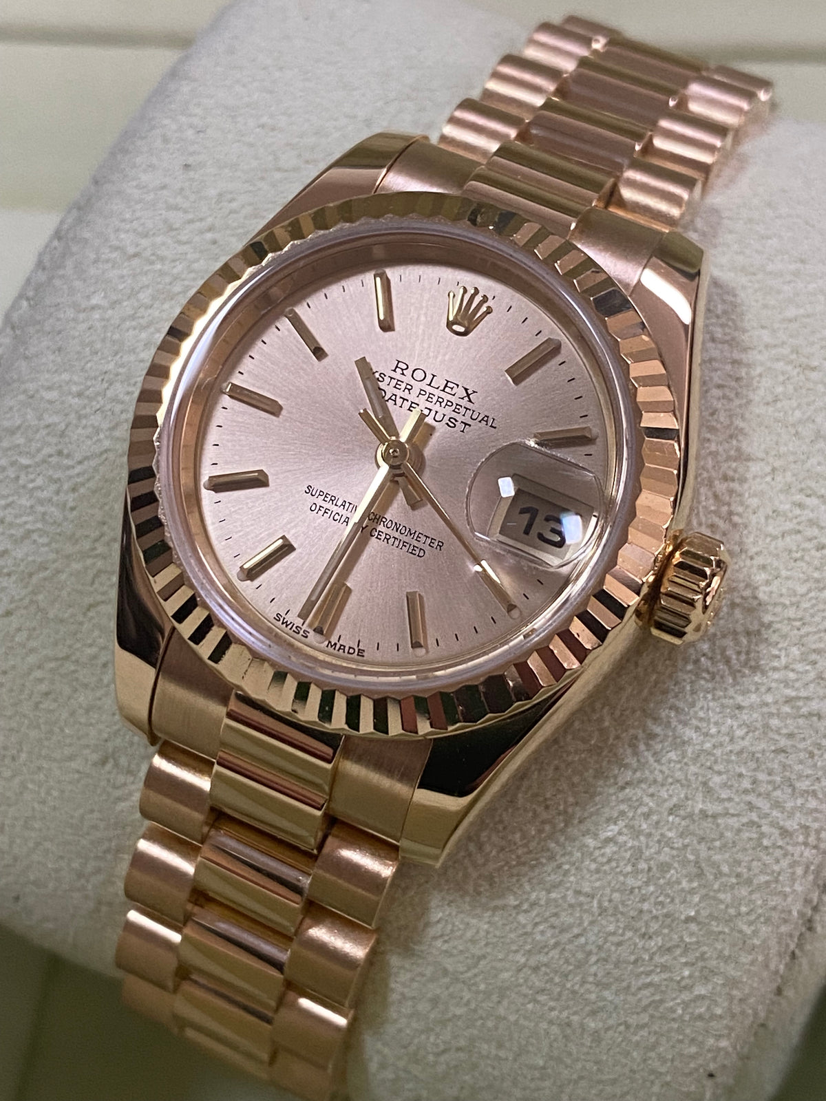 Rolex Yellow Gold Lady-Datejust - Y Serial - Fluted Bezel - Champagne Index Dial - President Bracelet - 179178