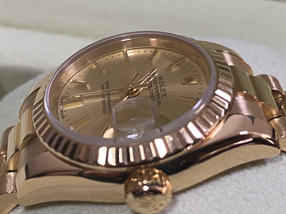 Rolex Yellow Gold Lady-Datejust - Y Serial - Fluted Bezel - Champagne Index Dial - President Bracelet - 179178