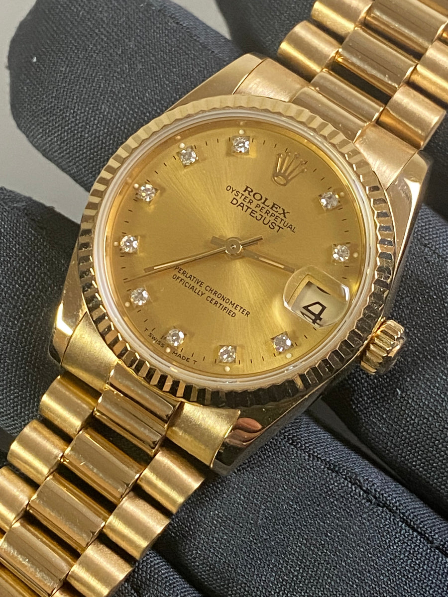 Rolex Yellow Gold Datejust 31 - N Serial - Fluted Bezel - Factory Diamond Dial - President Bracelet - 68278