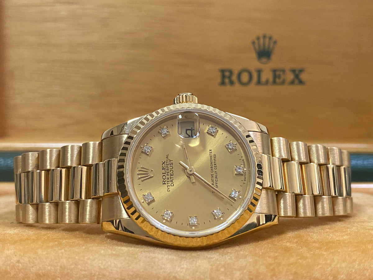 Rolex Yellow Gold Datejust 31 - N Serial - Fluted Bezel - Factory Diamond Dial - President Bracelet - 68278
