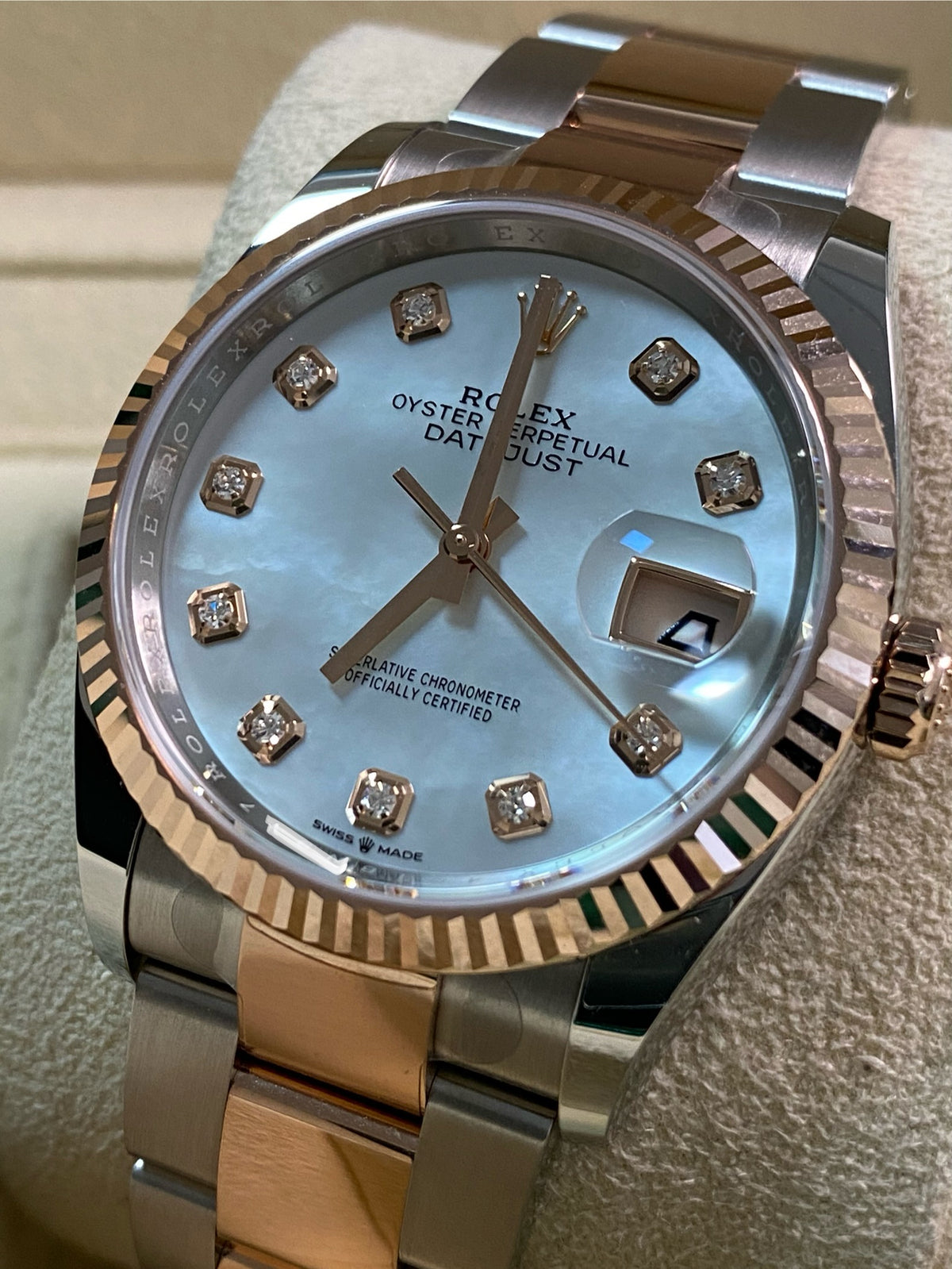 Rolex Steel and Everose Gold Datejust 36 - 2024 - Fluted Bezel - Mother-Of-Pearl Diamond Dial - Oyster Bracelet - 126231 *FULL SET*