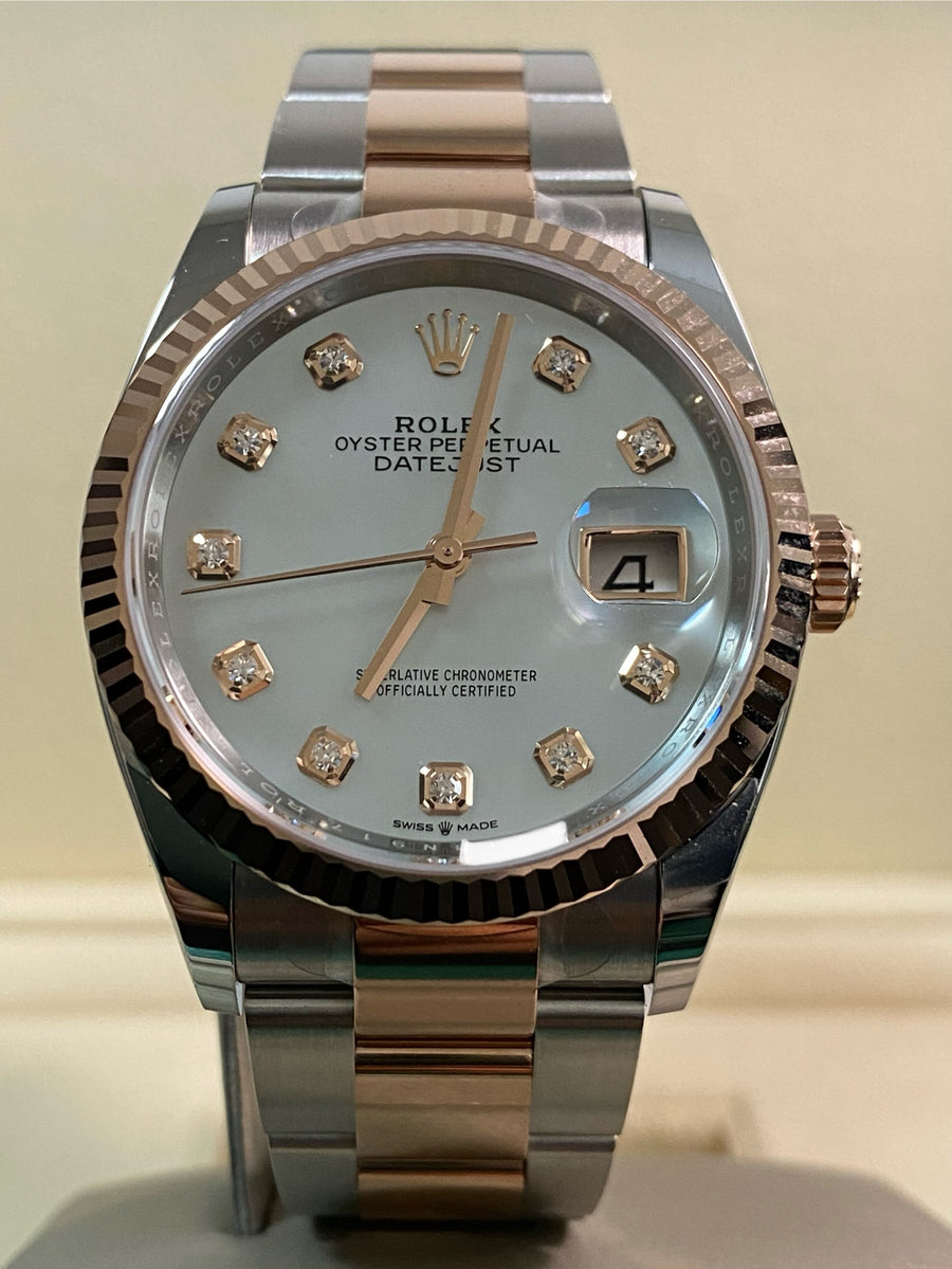 Rolex Steel and Everose Gold Datejust 36 - 2024 - Fluted Bezel - Mother-Of-Pearl Diamond Dial - Oyster Bracelet - 126231 *FULL SET*