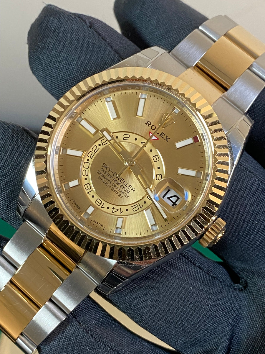 Rolex Yellow Rolesor Sky-Dweller - Champagne Index Dial - Oyster Bracelet - 326933 "Partial Stickers"