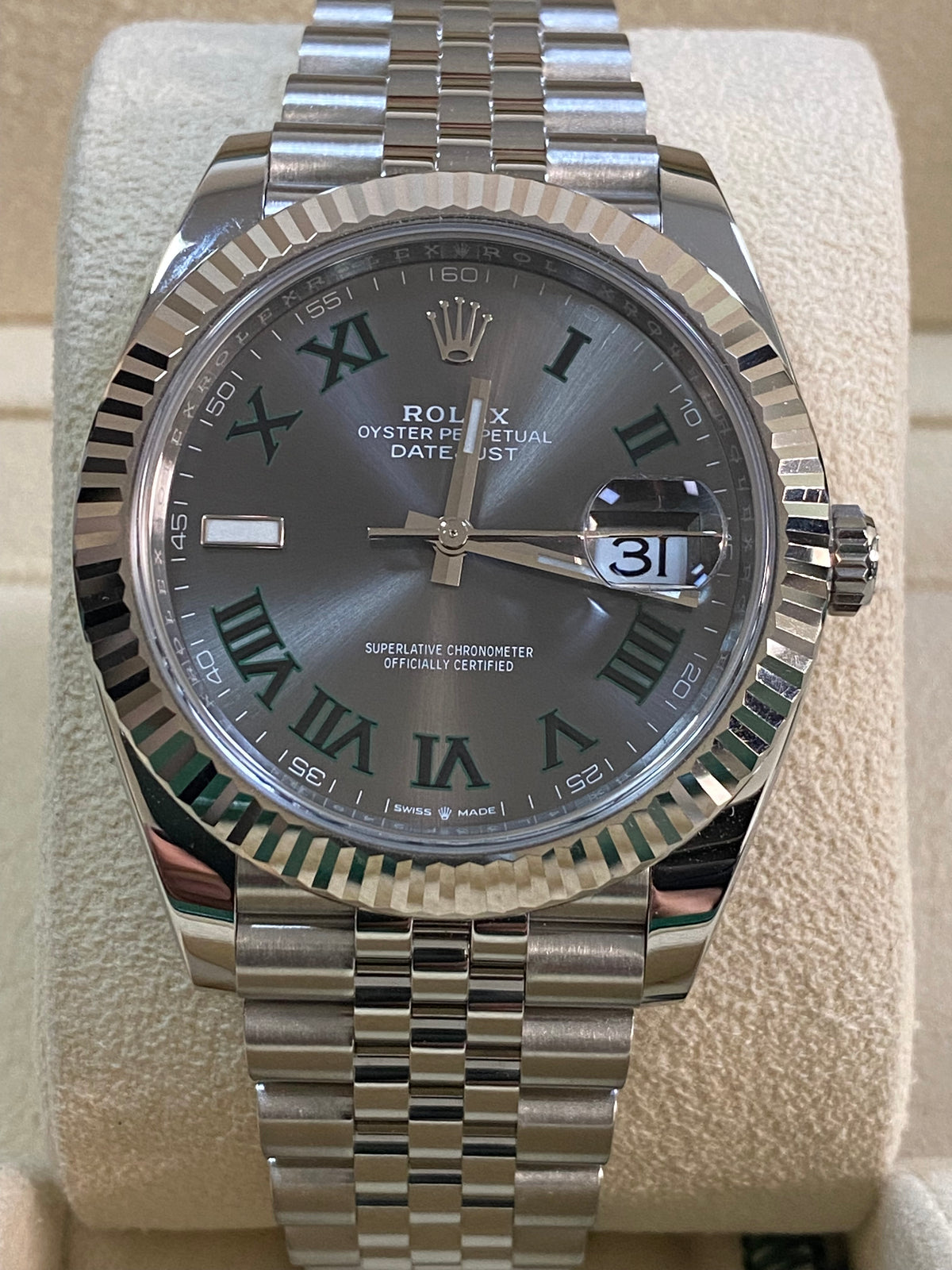 Rolex Steel and White Gold Datejust 41 - 2024 - Fluted Bezel - "Wimbledon" Dial - Jubilee Bracelet - 126334