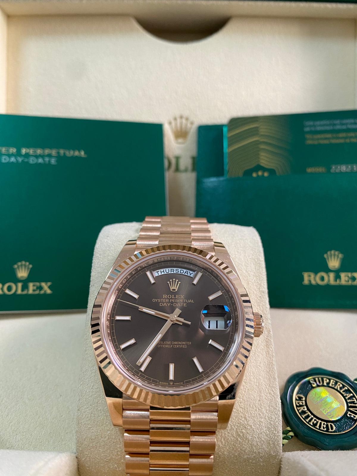 Rolex Everose Gold Day-Date 40 - 2024 - Fluted Bezel - Chocolate Index Dial - President Bracelet - 228235 *FULL SET*