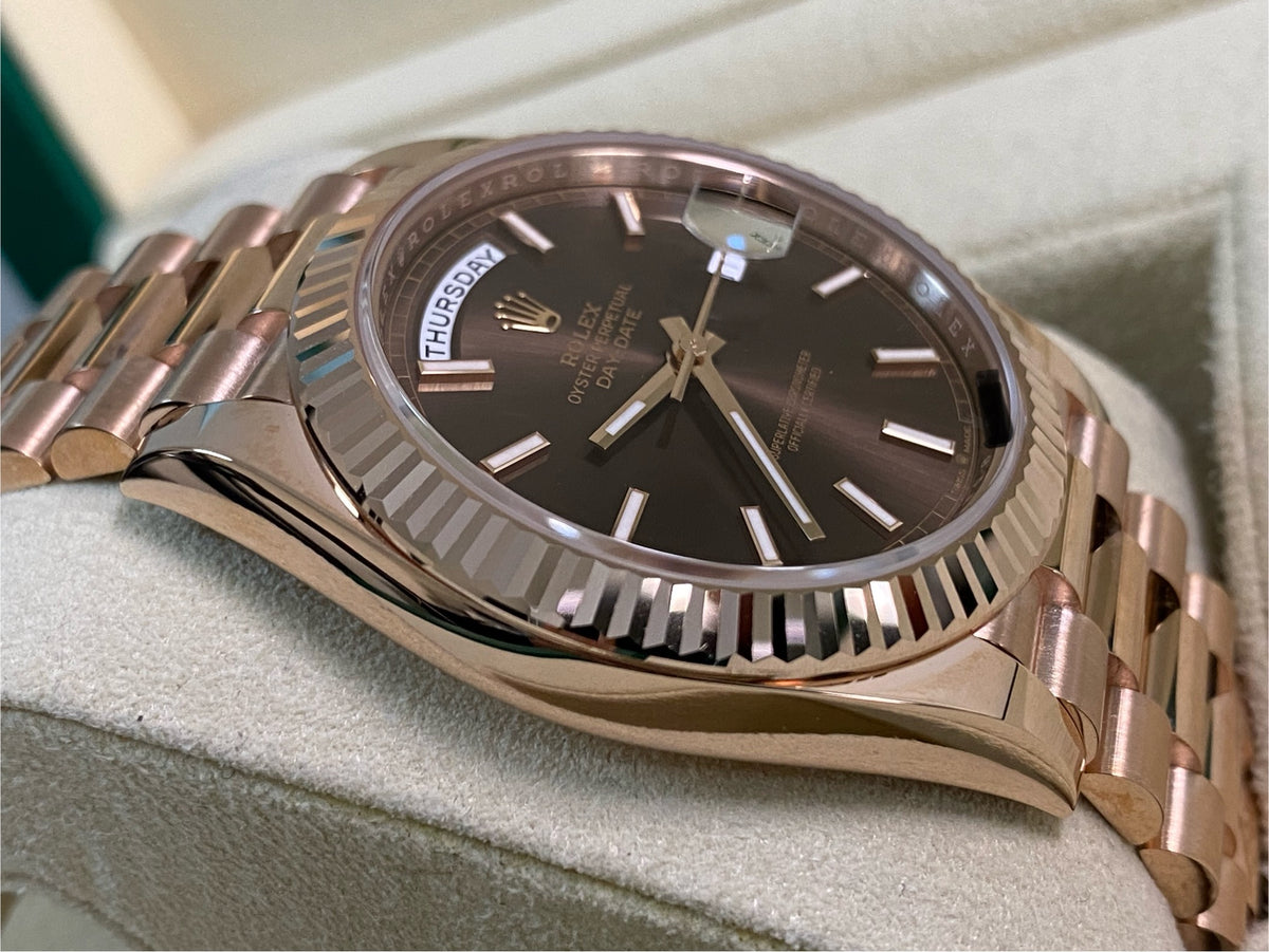 Rolex Everose Gold Day-Date 40 - 2024 - Fluted Bezel - Chocolate Index Dial - President Bracelet - 228235 *FULL SET*