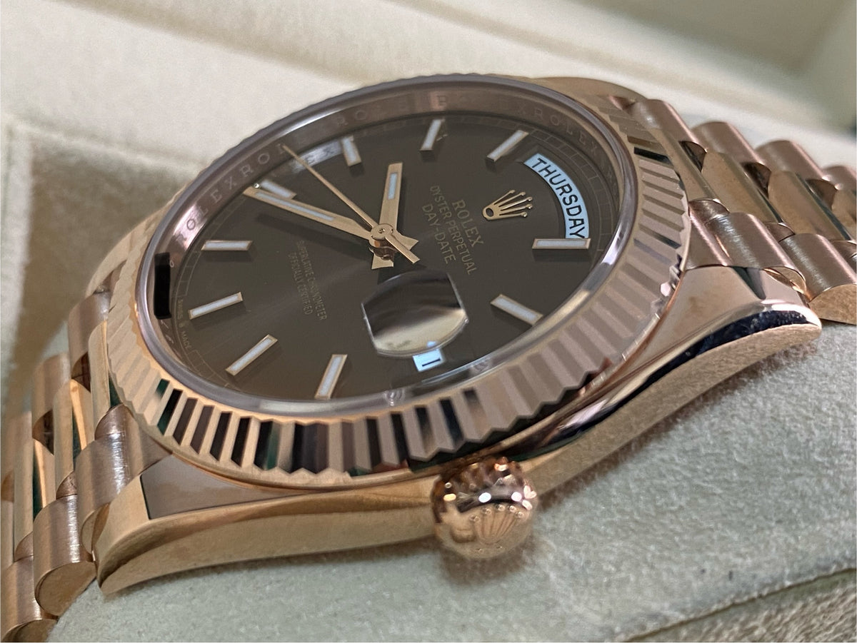 Rolex Everose Gold Day-Date 40 - 2024 - Fluted Bezel - Chocolate Index Dial - President Bracelet - 228235 *FULL SET*