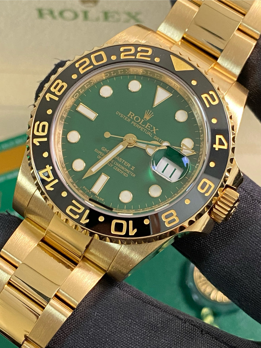 Rolex Yellow Gold GMT-Master II - 2016 - Black Bezel - Anniversary Green Dial - Oyster Bracelet - 116718LN *FULL SET*