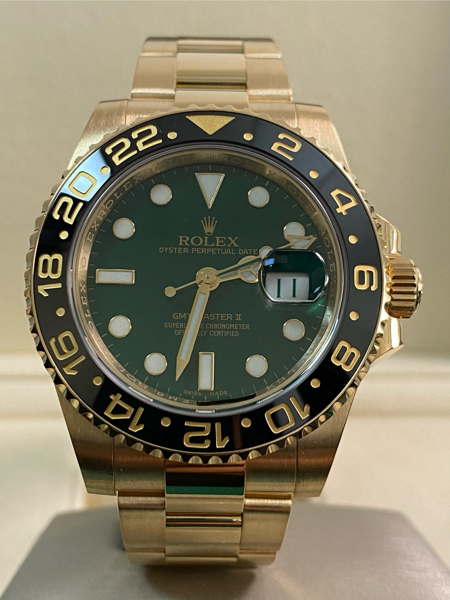 Rolex Yellow Gold GMT-Master II - 2016 - Black Bezel - Anniversary Green Dial - Oyster Bracelet - 116718LN *FULL SET*