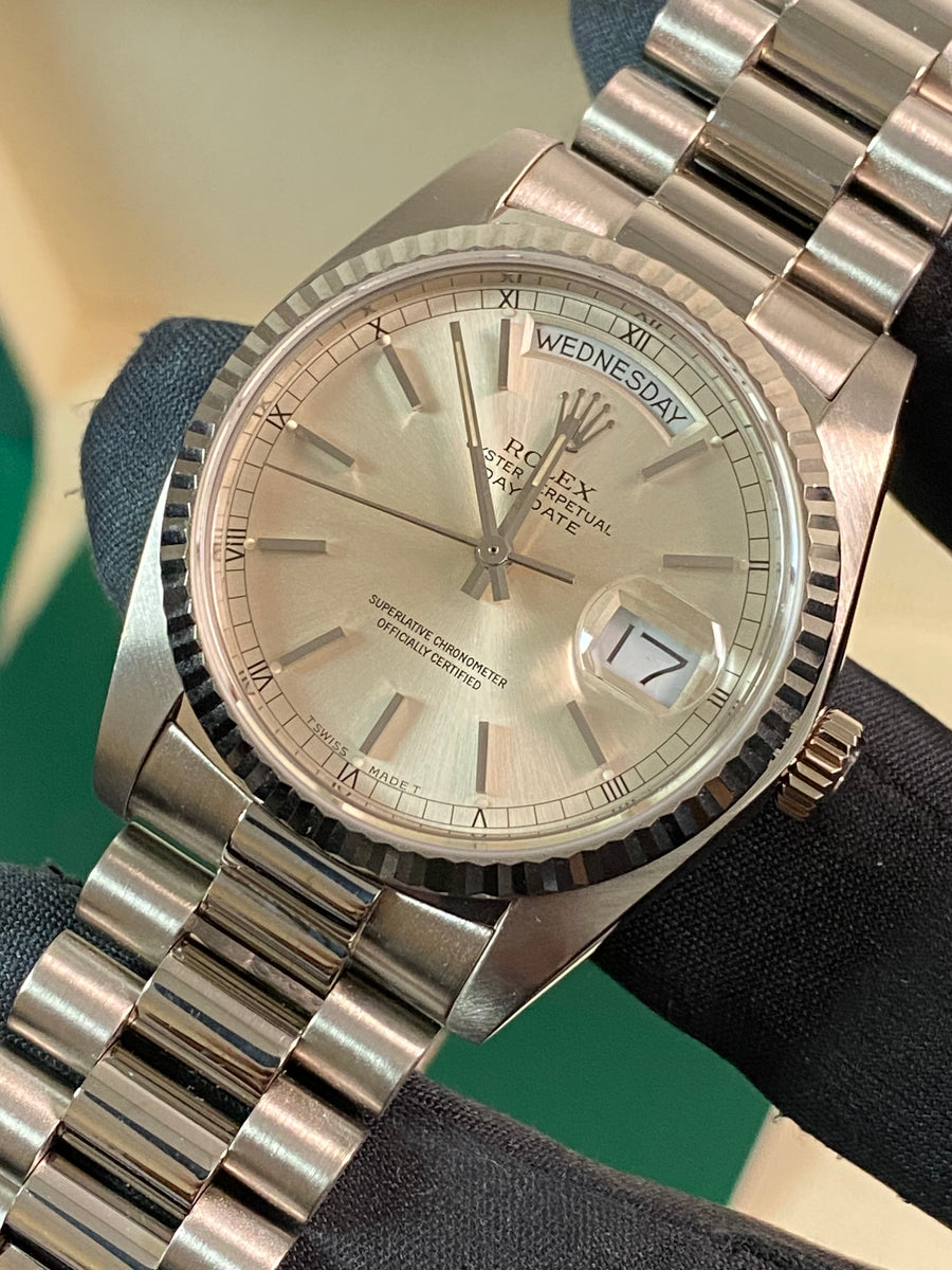 Rolex White Gold Day-Date 36 - 1983 - Fluted Bezel - Silver Index Dial - President Bracelet - 18039