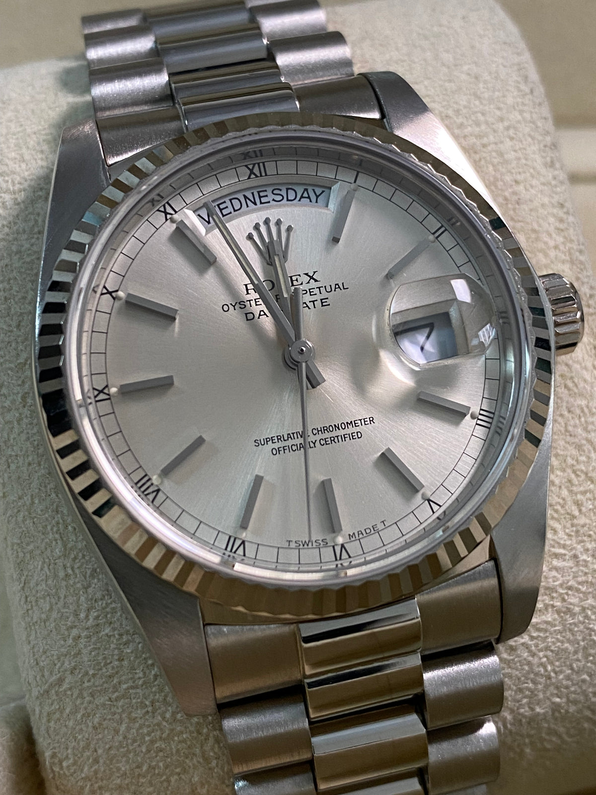 Rolex White Gold Day-Date 36 - 1983 - Fluted Bezel - Silver Index Dial - President Bracelet - 18039