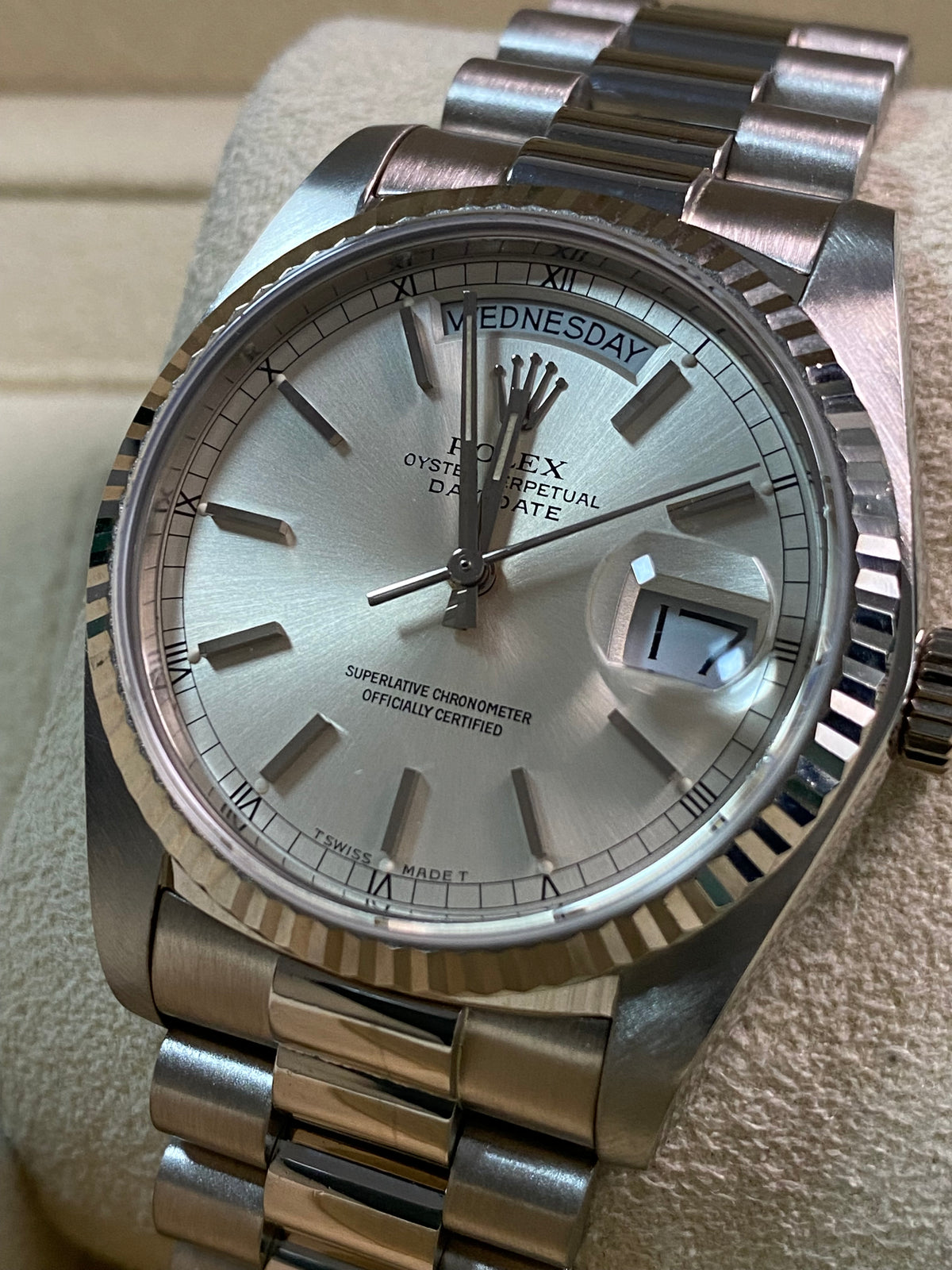 Rolex White Gold Day-Date 36 - 1983 - Fluted Bezel - Silver Index Dial - President Bracelet - 18039