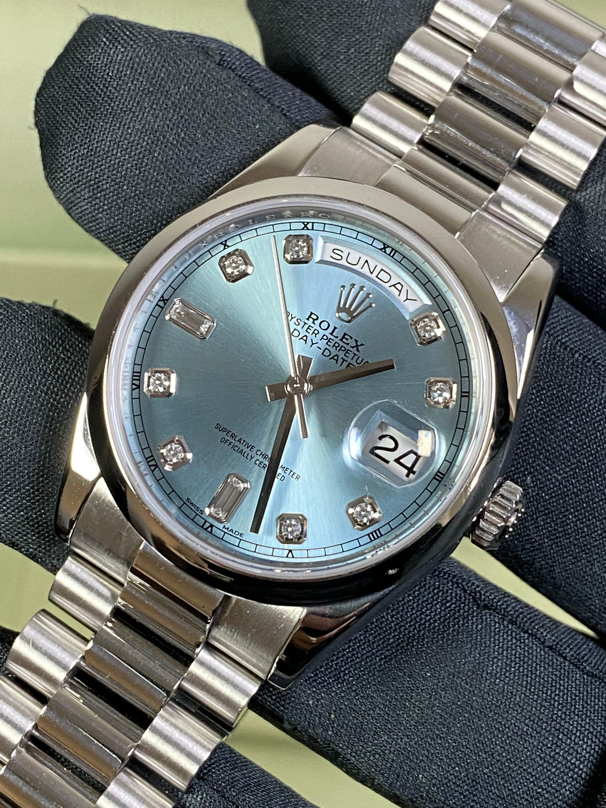 Rolex Platinum Day-Date 36 - M Serial - Domed Bezel - Ice Blue Diamond Dial - President Bracelet - 118206