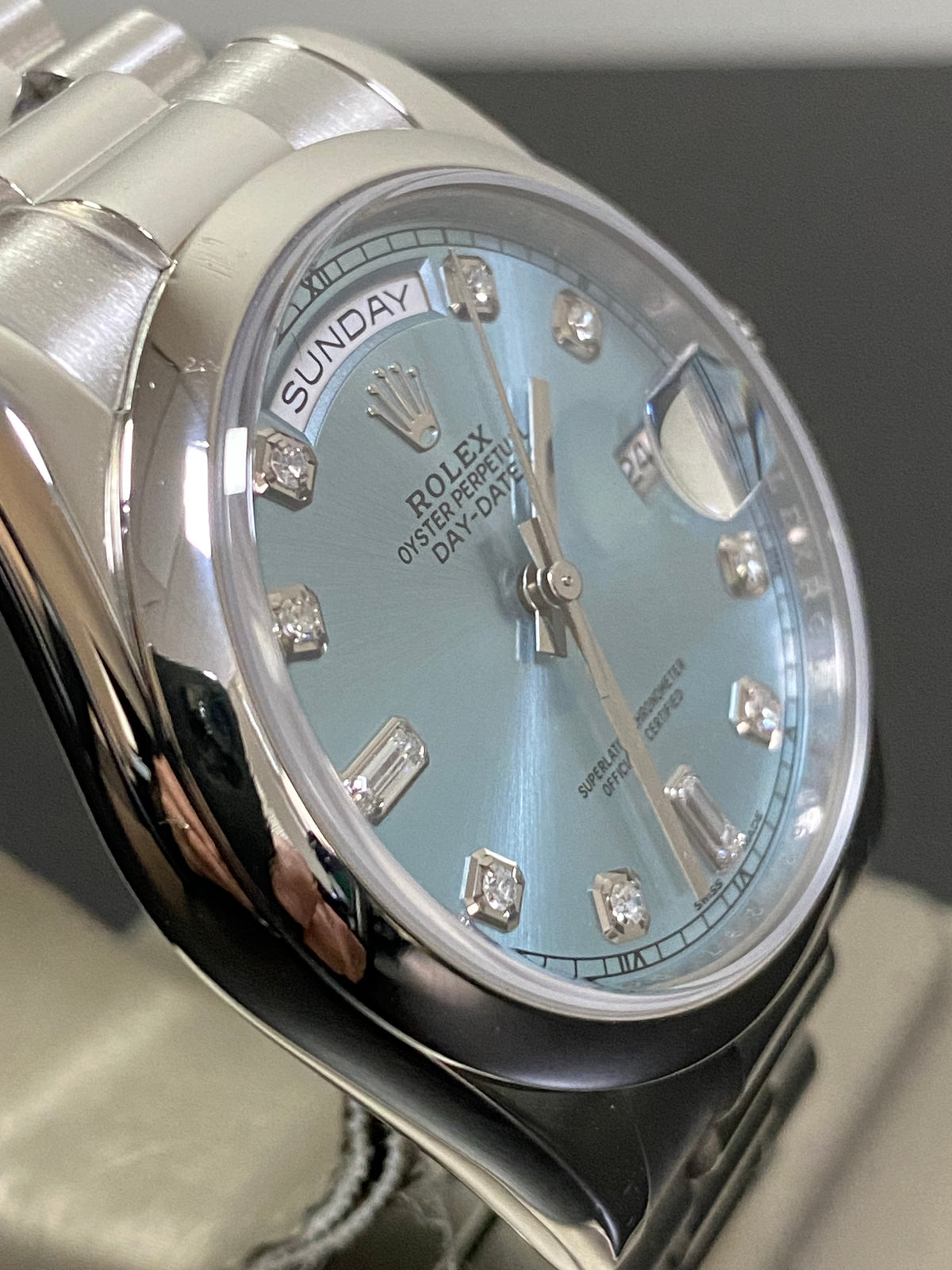 Rolex Platinum Day-Date 36 - M Serial - Domed Bezel - Ice Blue Diamond Dial - President Bracelet - 118206