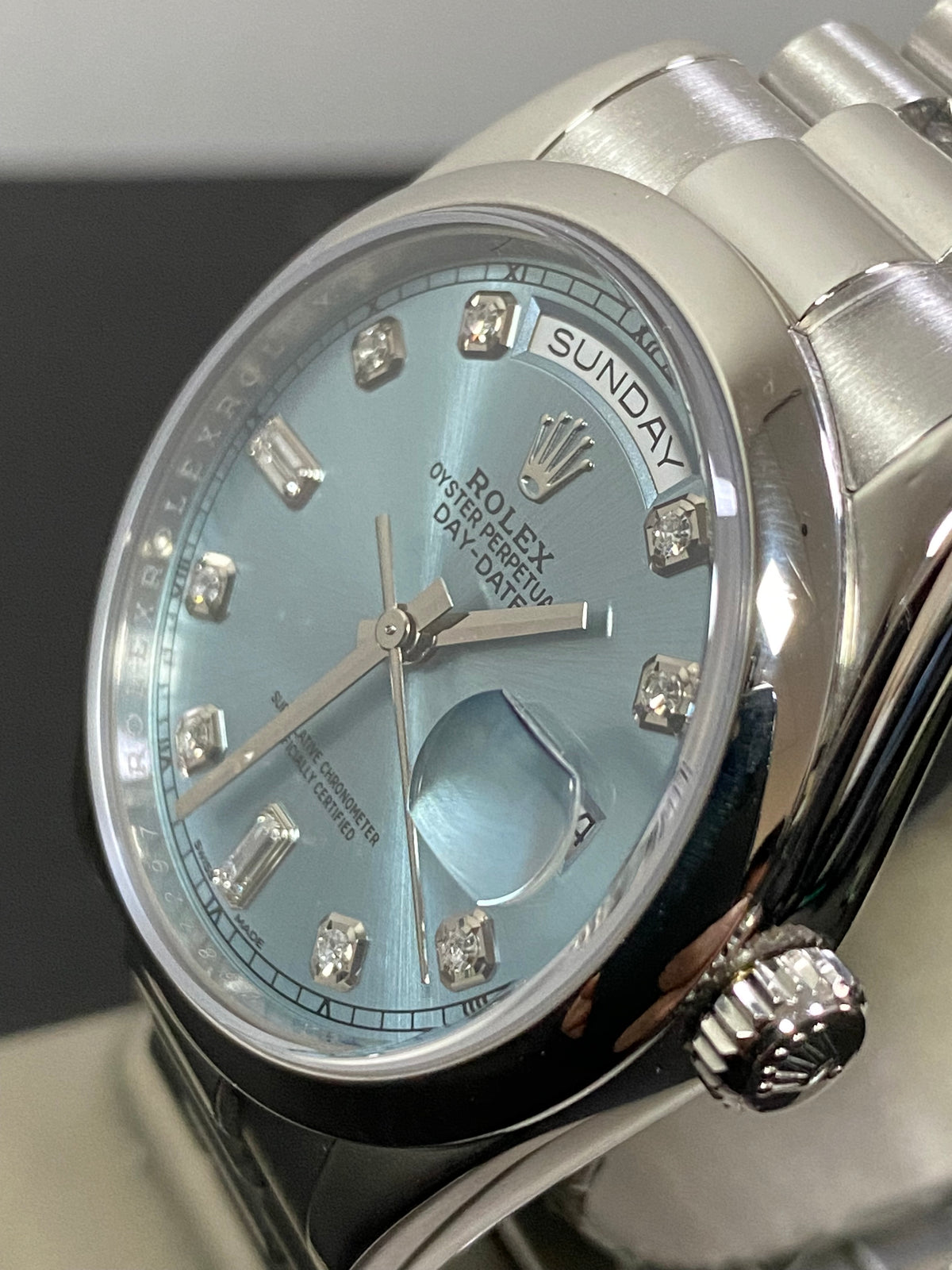 Rolex Platinum Day-Date 36 - M Serial - Domed Bezel - Ice Blue Diamond Dial - President Bracelet - 118206