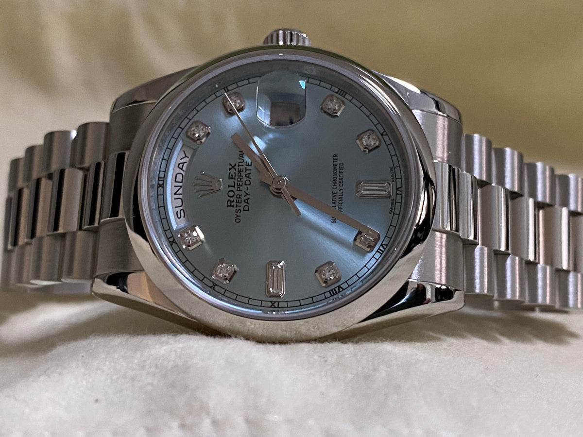 Rolex Platinum Day-Date 36 - M Serial - Domed Bezel - Ice Blue Diamond Dial - President Bracelet - 118206