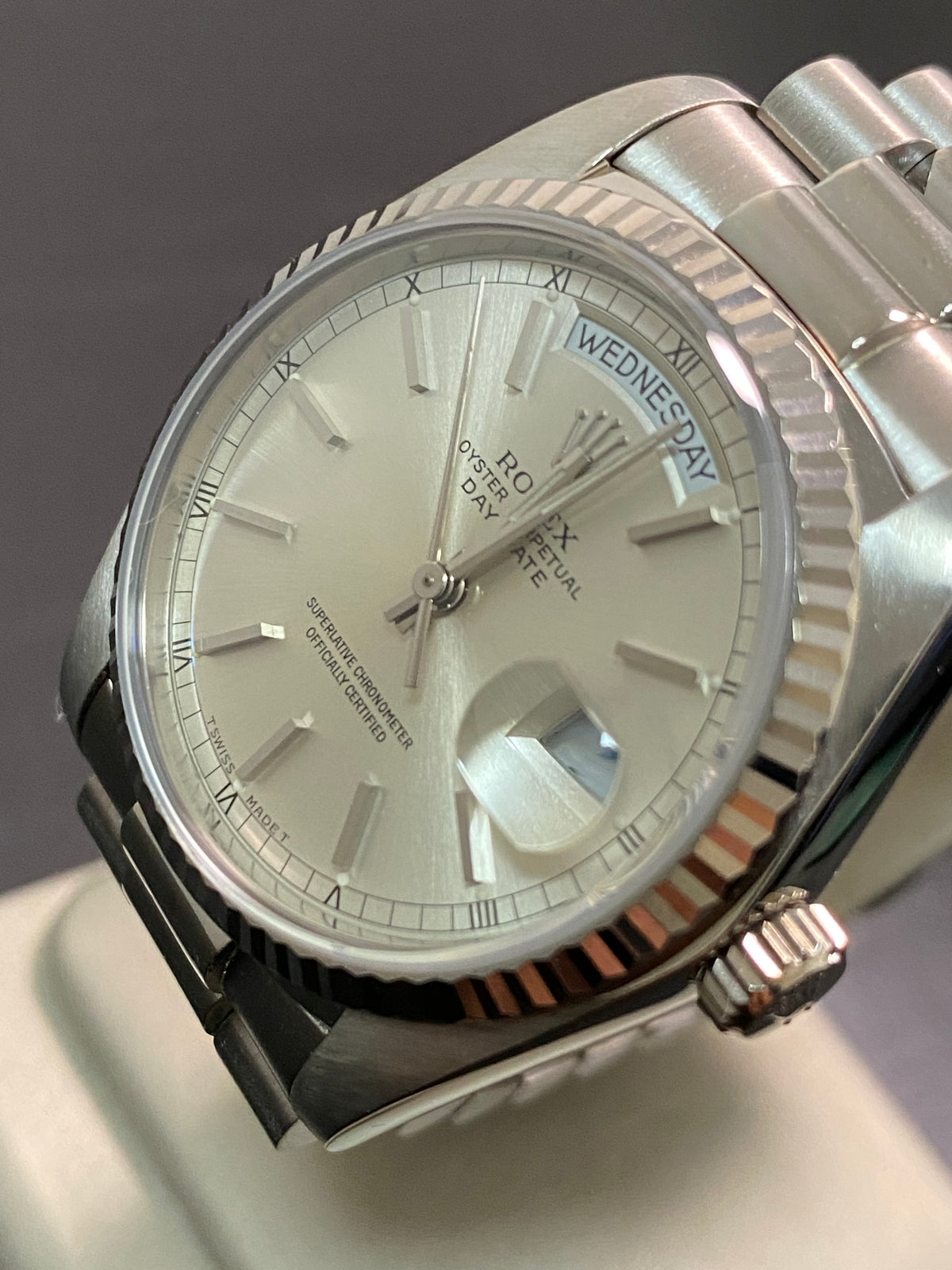 Rolex White Gold Day-Date 36 - 1983 - Fluted Bezel - Silver Index Dial - President Bracelet - 18039