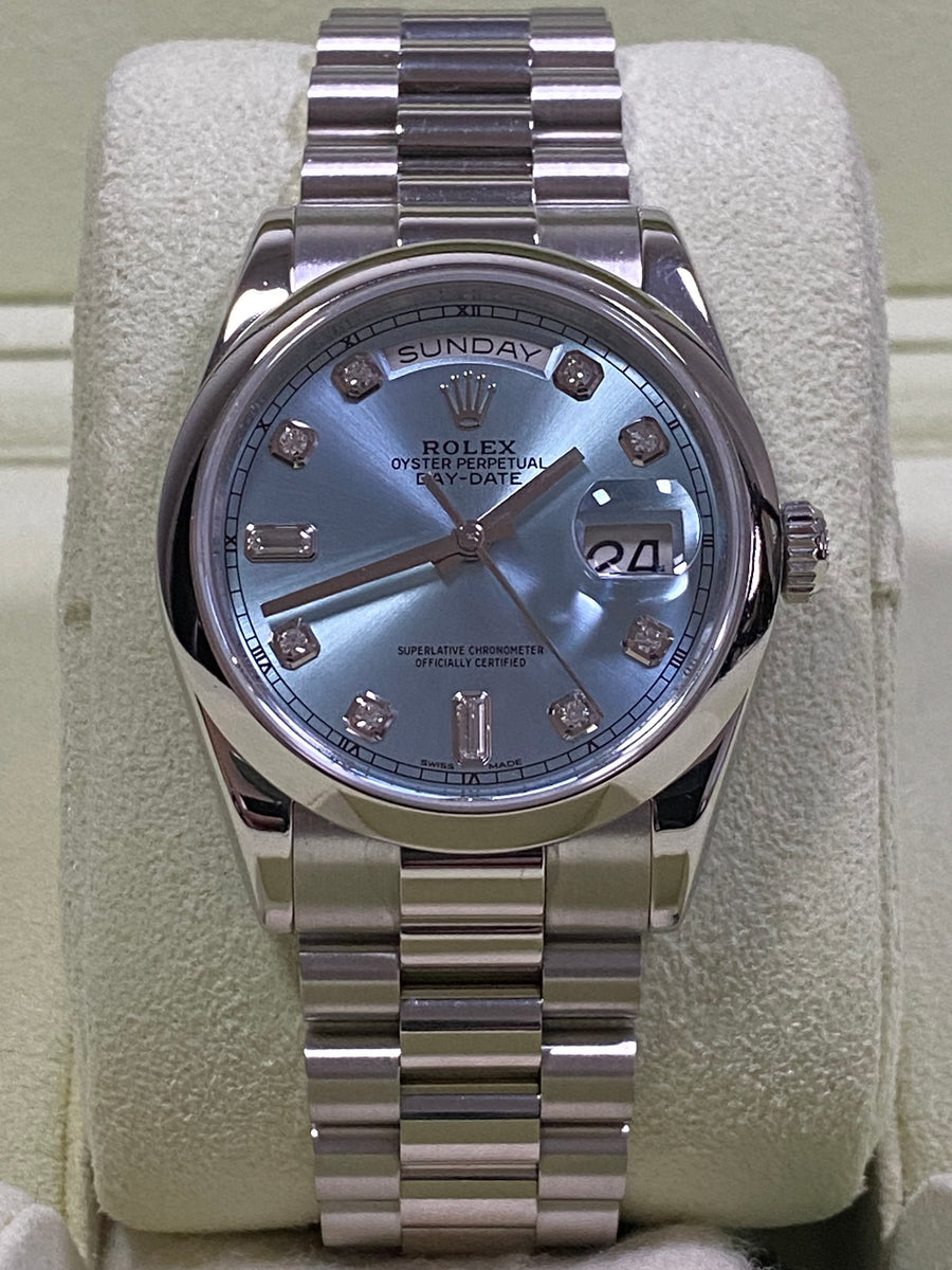 Rolex Platinum Day-Date 36 - M Serial - Domed Bezel - Ice Blue Diamond Dial - President Bracelet - 118206