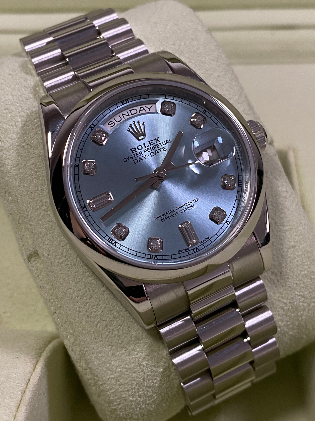 Rolex Platinum Day-Date 36 - M Serial - Domed Bezel - Ice Blue Diamond Dial - President Bracelet - 118206