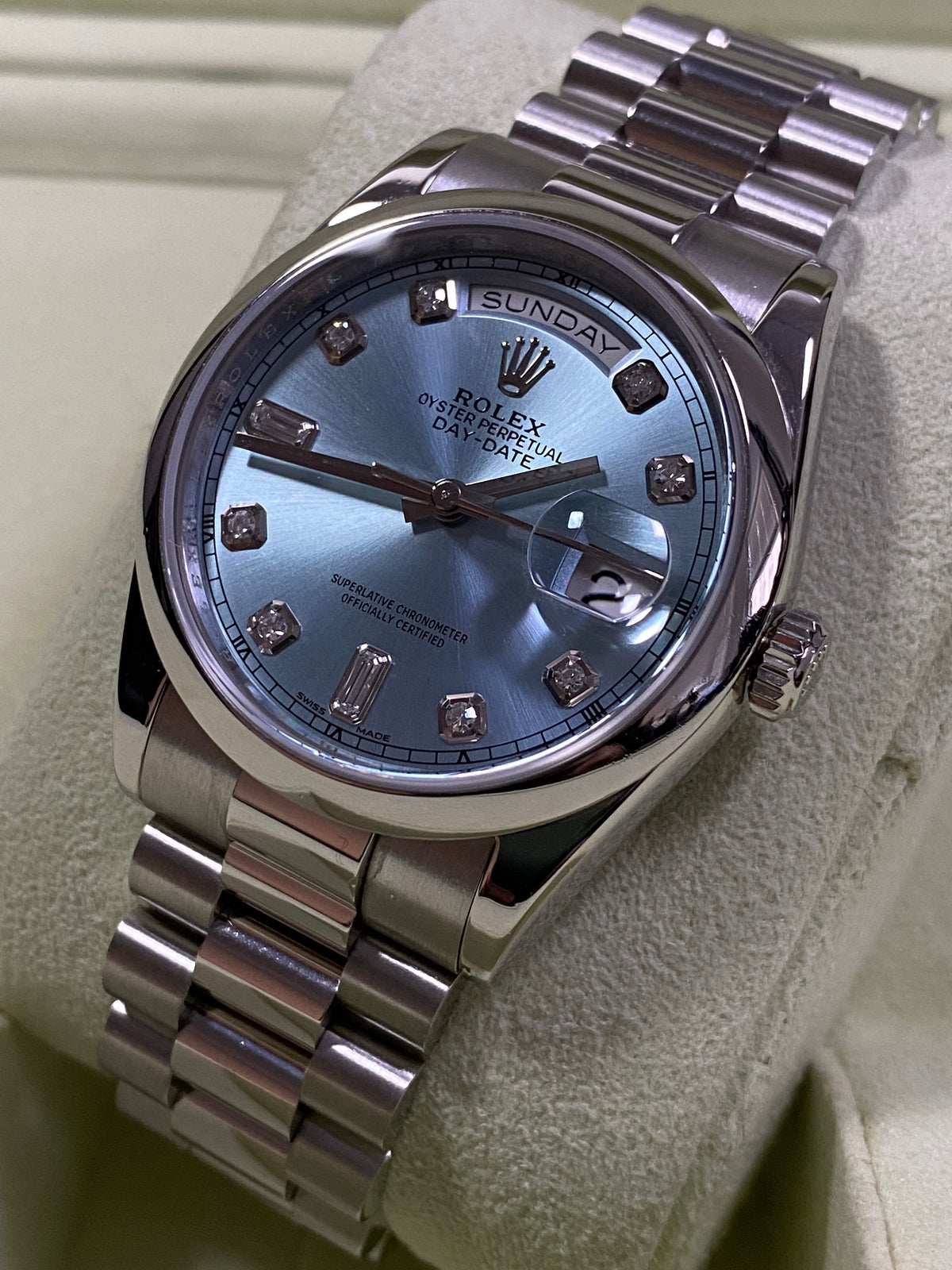 Rolex Platinum Day-Date 36 - M Serial - Domed Bezel - Ice Blue Diamond Dial - President Bracelet - 118206