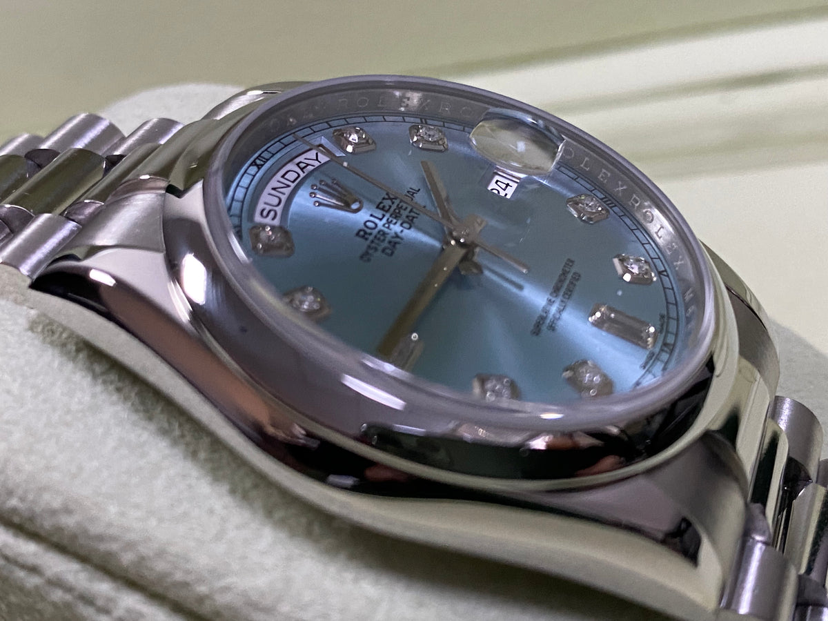 Rolex Platinum Day-Date 36 - M Serial - Domed Bezel - Ice Blue Diamond Dial - President Bracelet - 118206