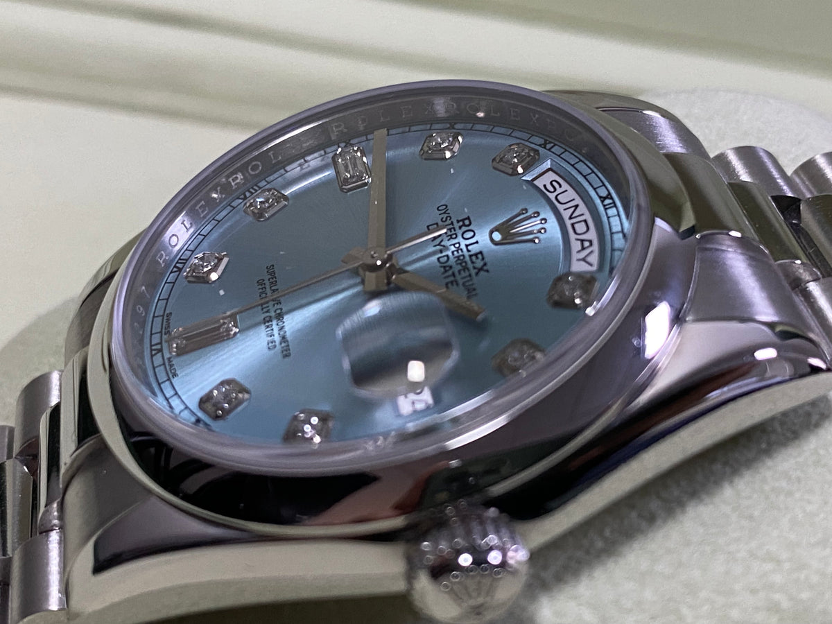 Rolex Platinum Day-Date 36 - M Serial - Domed Bezel - Ice Blue Diamond Dial - President Bracelet - 118206