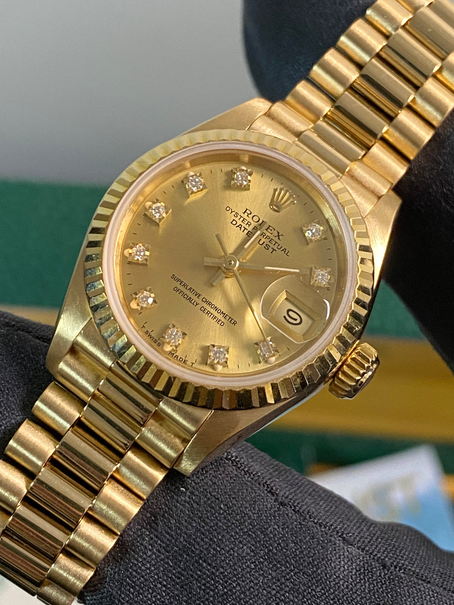 Rolex Yellow Gold Lady-Datejust - L serial - Fluted Bezel - Factory Diamond Dial - President Bracelet - 69178 *FULL SET*