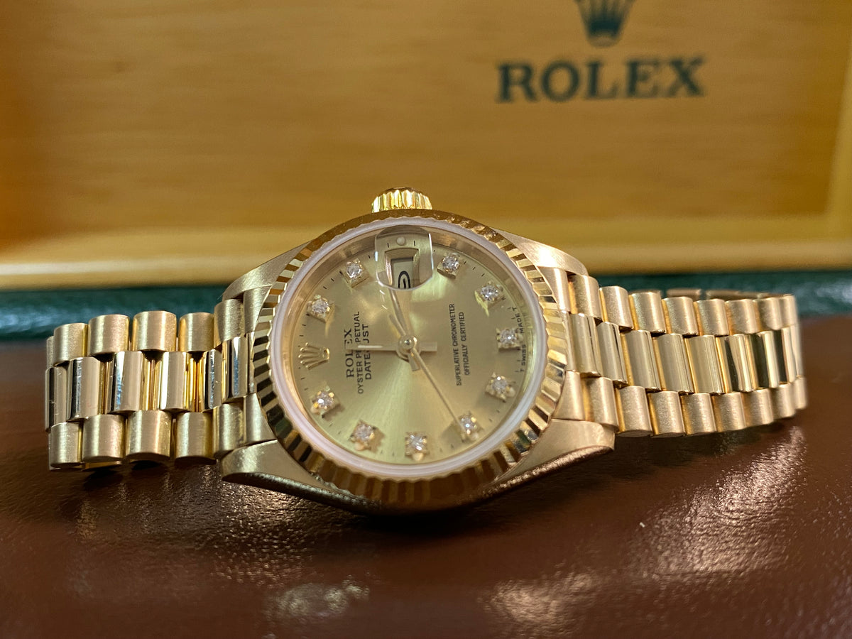 Rolex Yellow Gold Lady-Datejust - L serial - Fluted Bezel - Factory Diamond Dial - President Bracelet - 69178 *FULL SET*